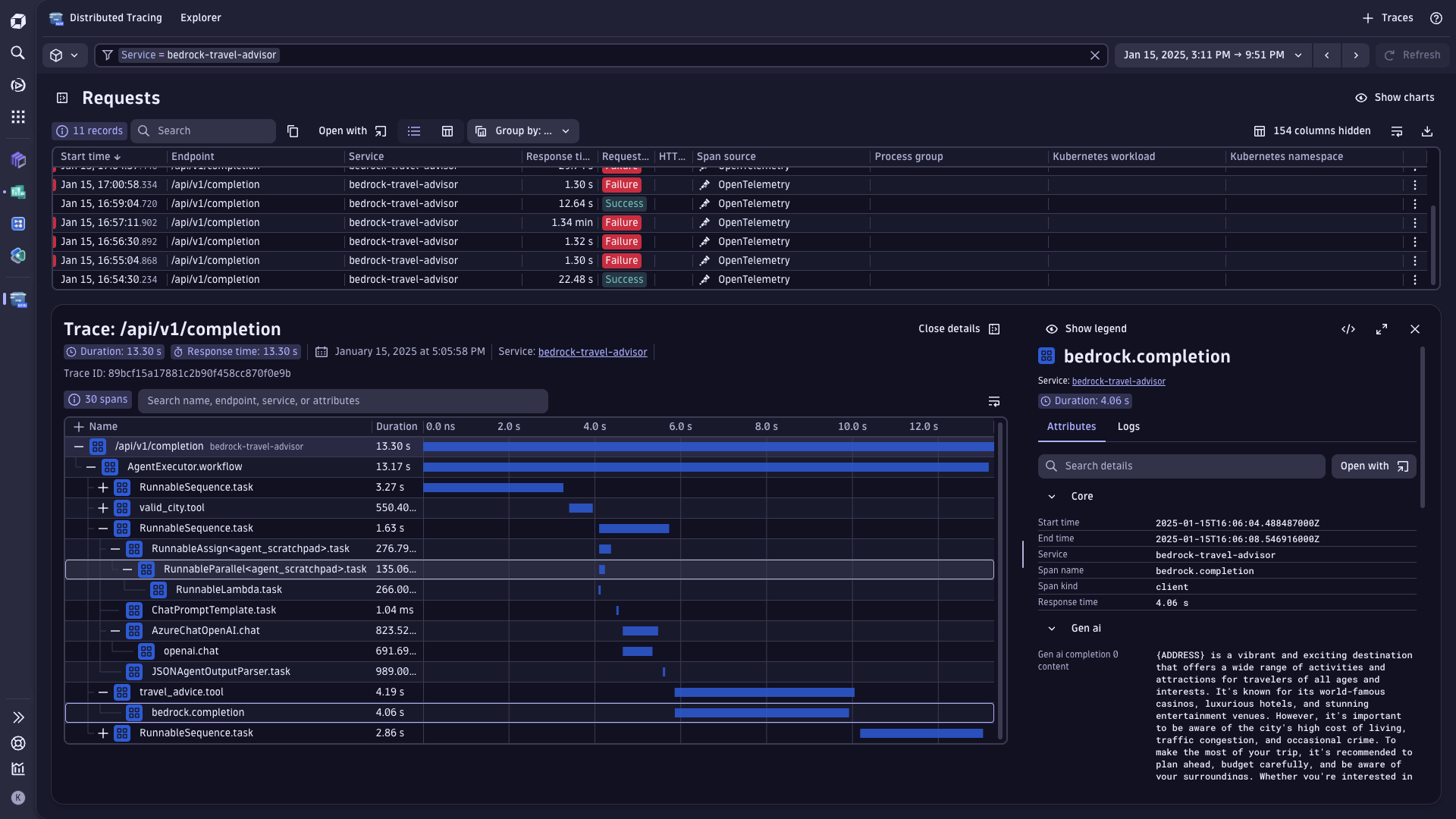 Gain full visibility into the execution of each user request with end-to-end traces that cover the full application stack, including orchestration, semantic cache, and LLM model layers.