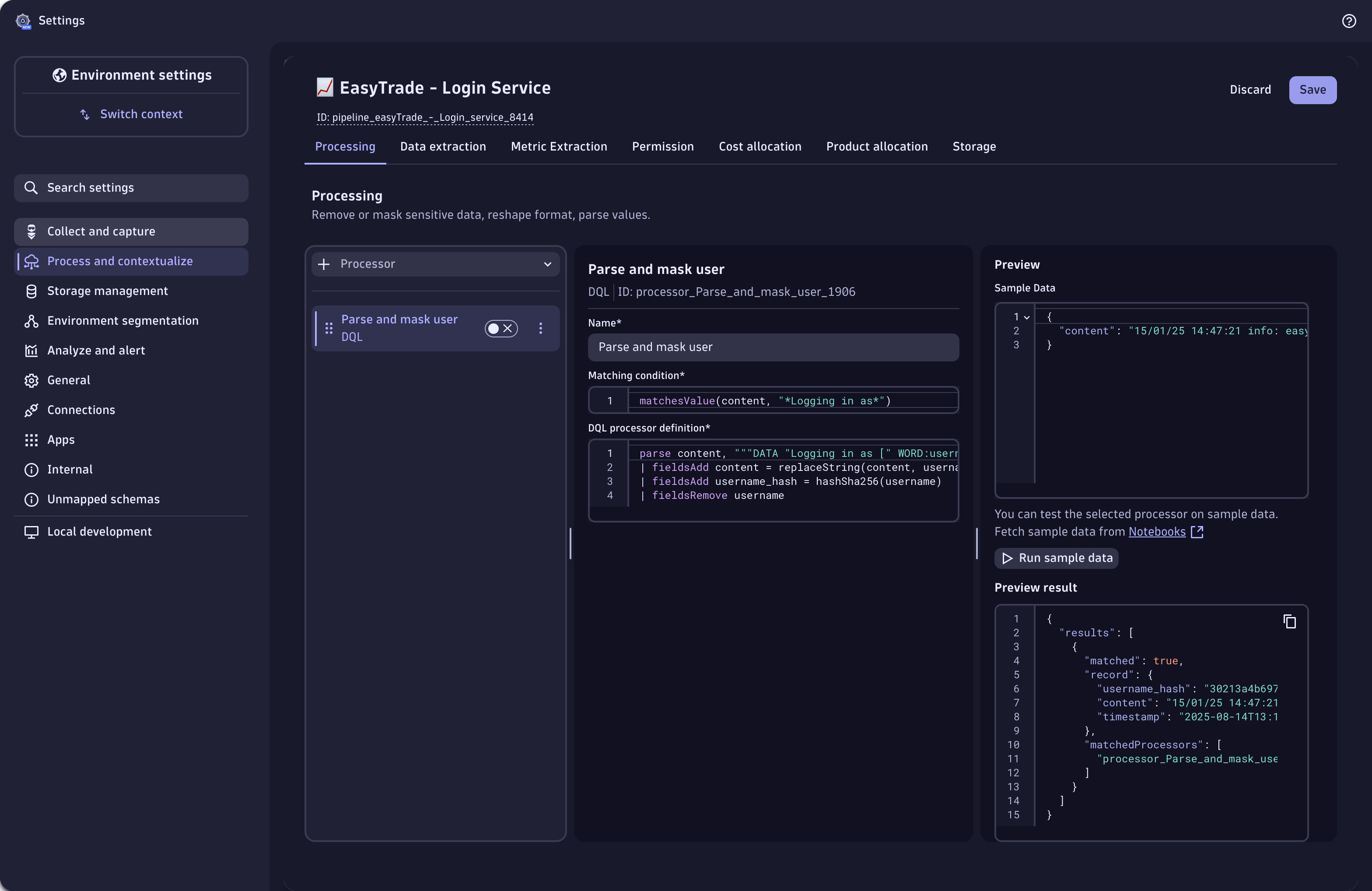 Log record processing: parsing and masking fields from log data.