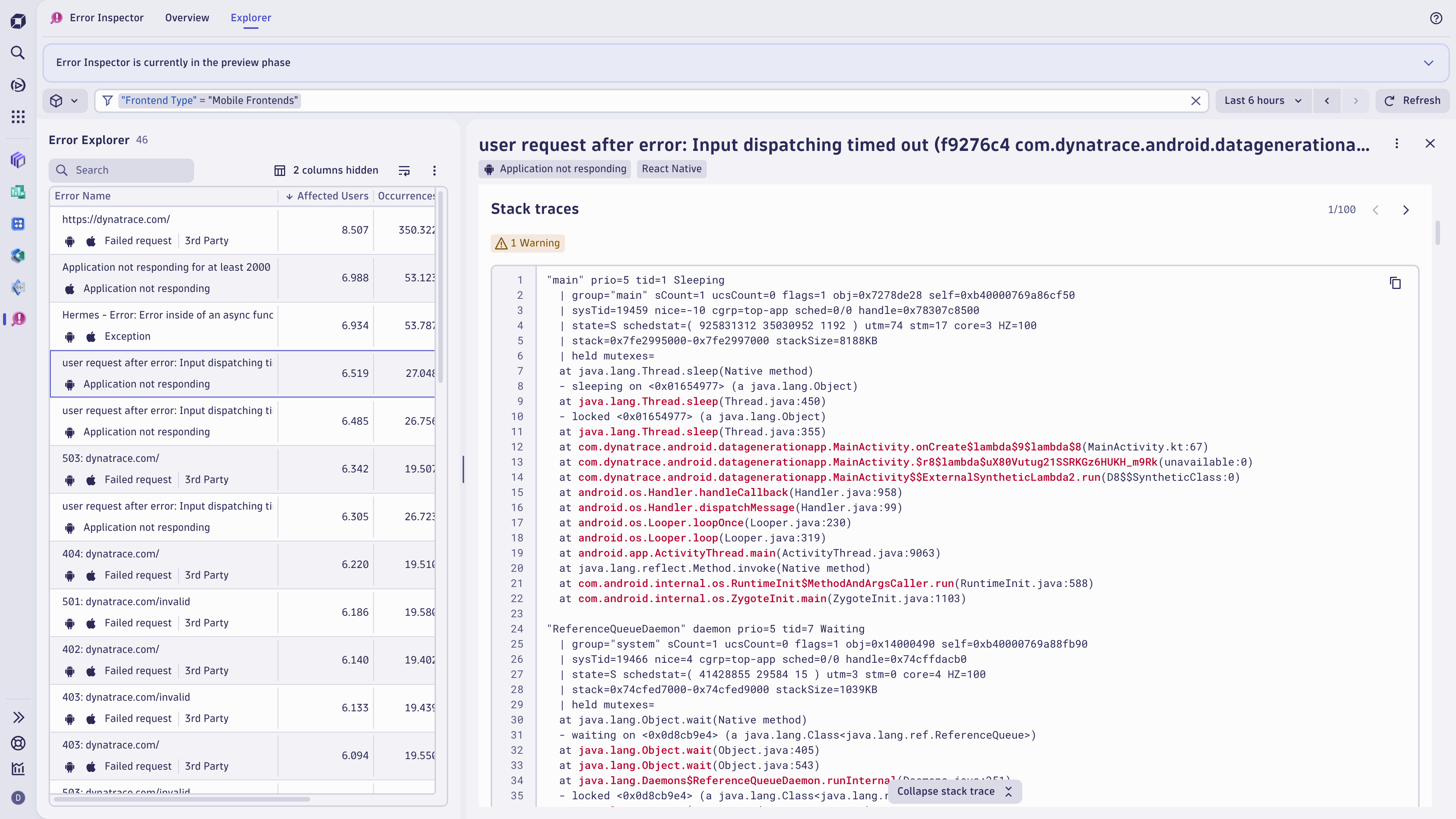 No more guessing as you receive deobfuscated error messages for frameworks like ReactNative. Catch ANRs, identify the root cause, and deploy a fix.