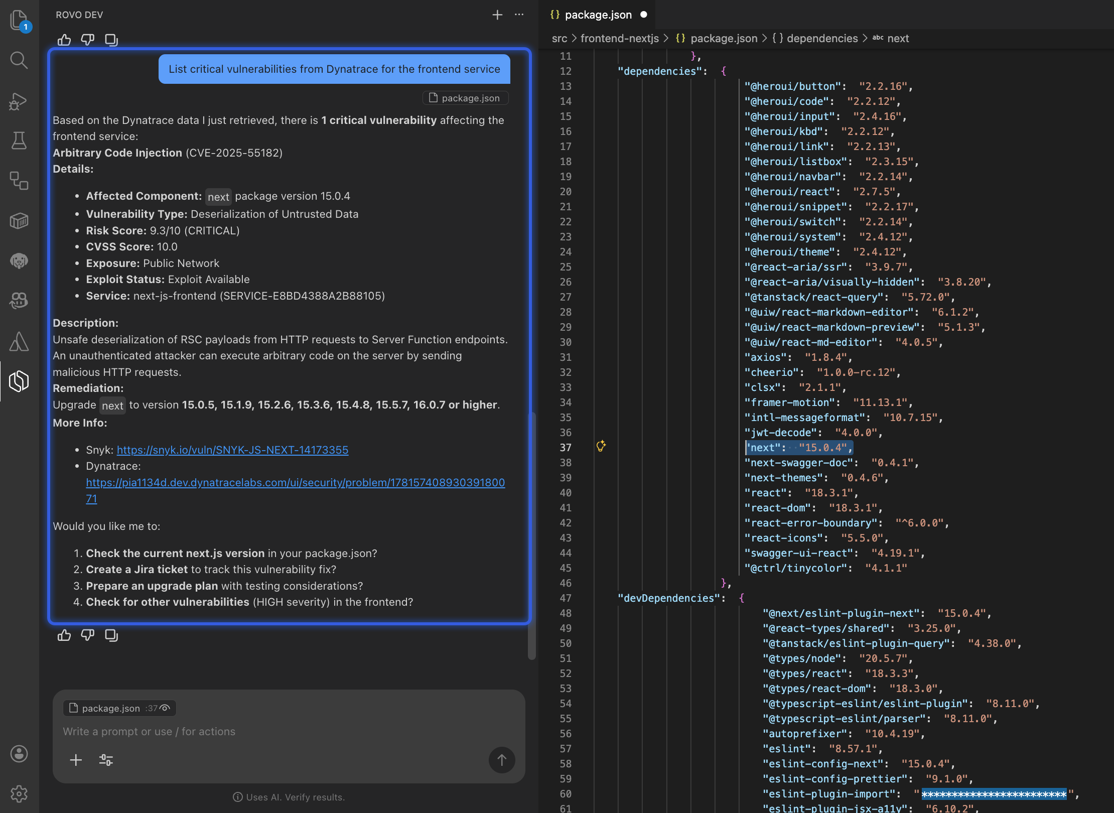 Atlassian Dev displays critical vulnerabilities identified by Dynatrace Runtime Vulnerability Analytics (RVA).