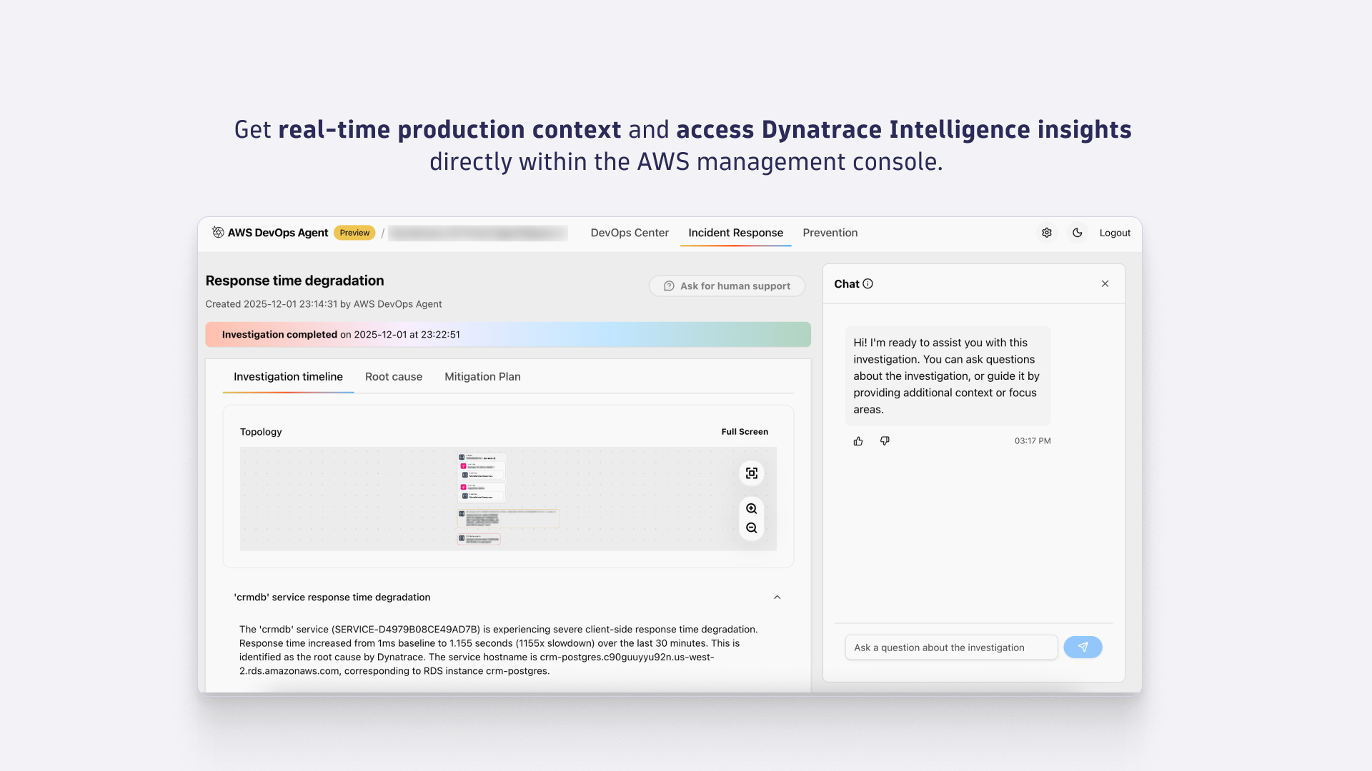 Get real-time production context and access Dynatrace Intelligence insights directly within the AWS management console.