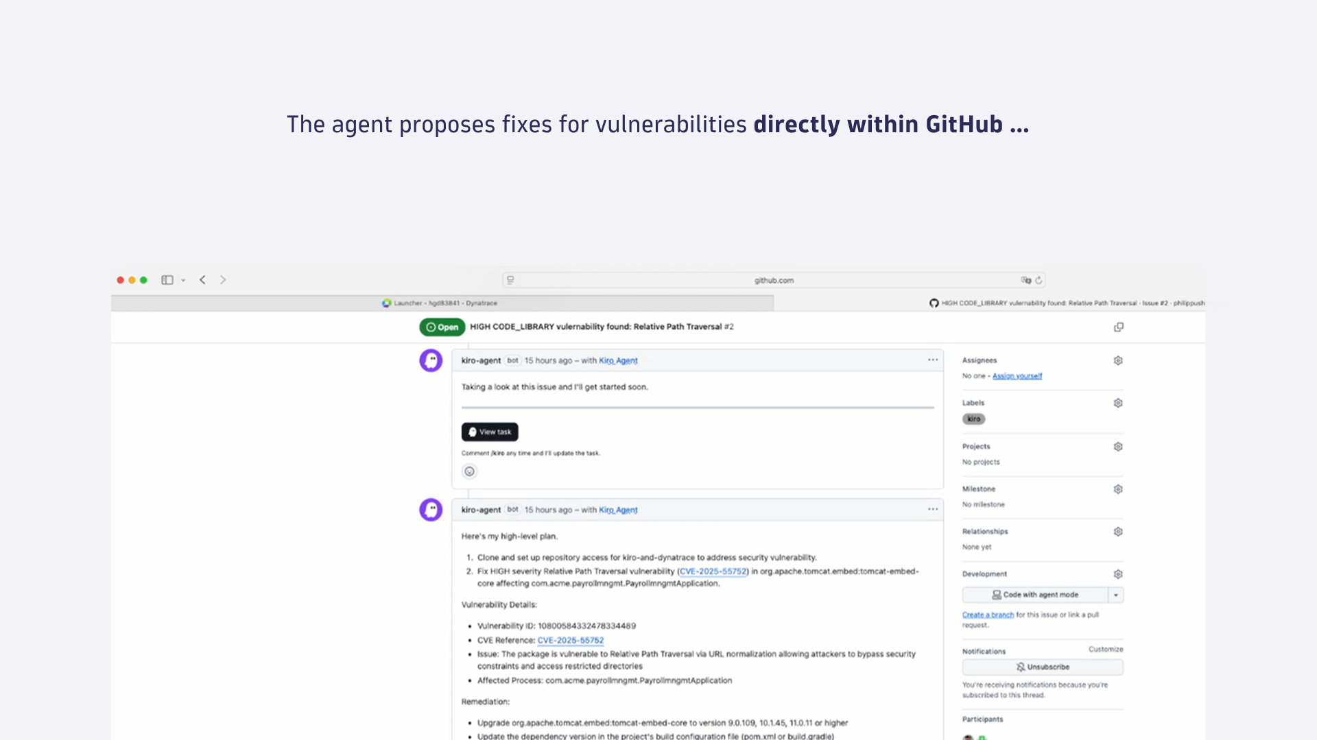 The agent proposes fixes for vulnerabilities directly within GitHub ...