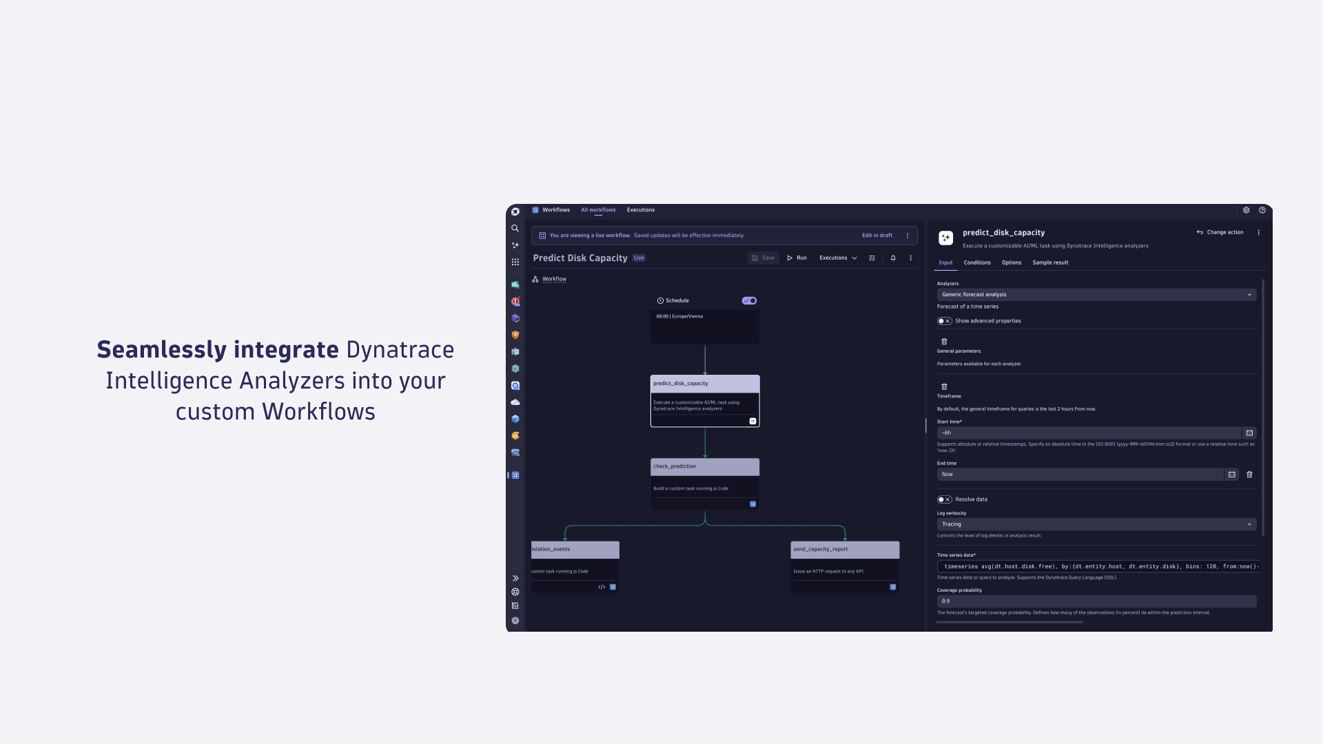 Integrate Dynatrace Intelligence Analyzers directly into your workflows for smarter, automated decisions.