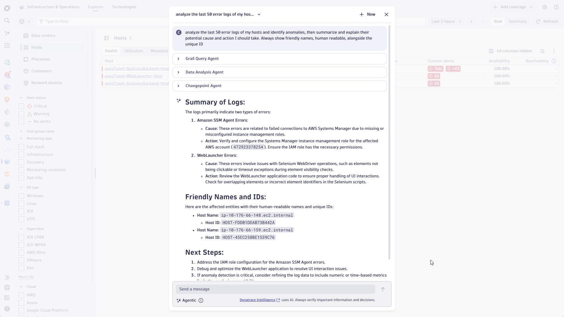 Start your daily morning routine by requesting recent error log lines and potential root causes for the entities you manage.