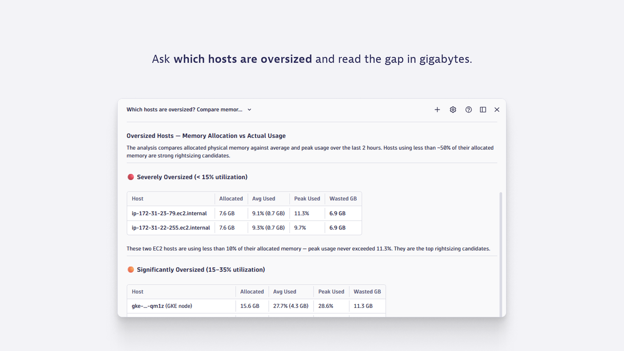 Ask which hosts are oversized and read the gap in gigabytes.
