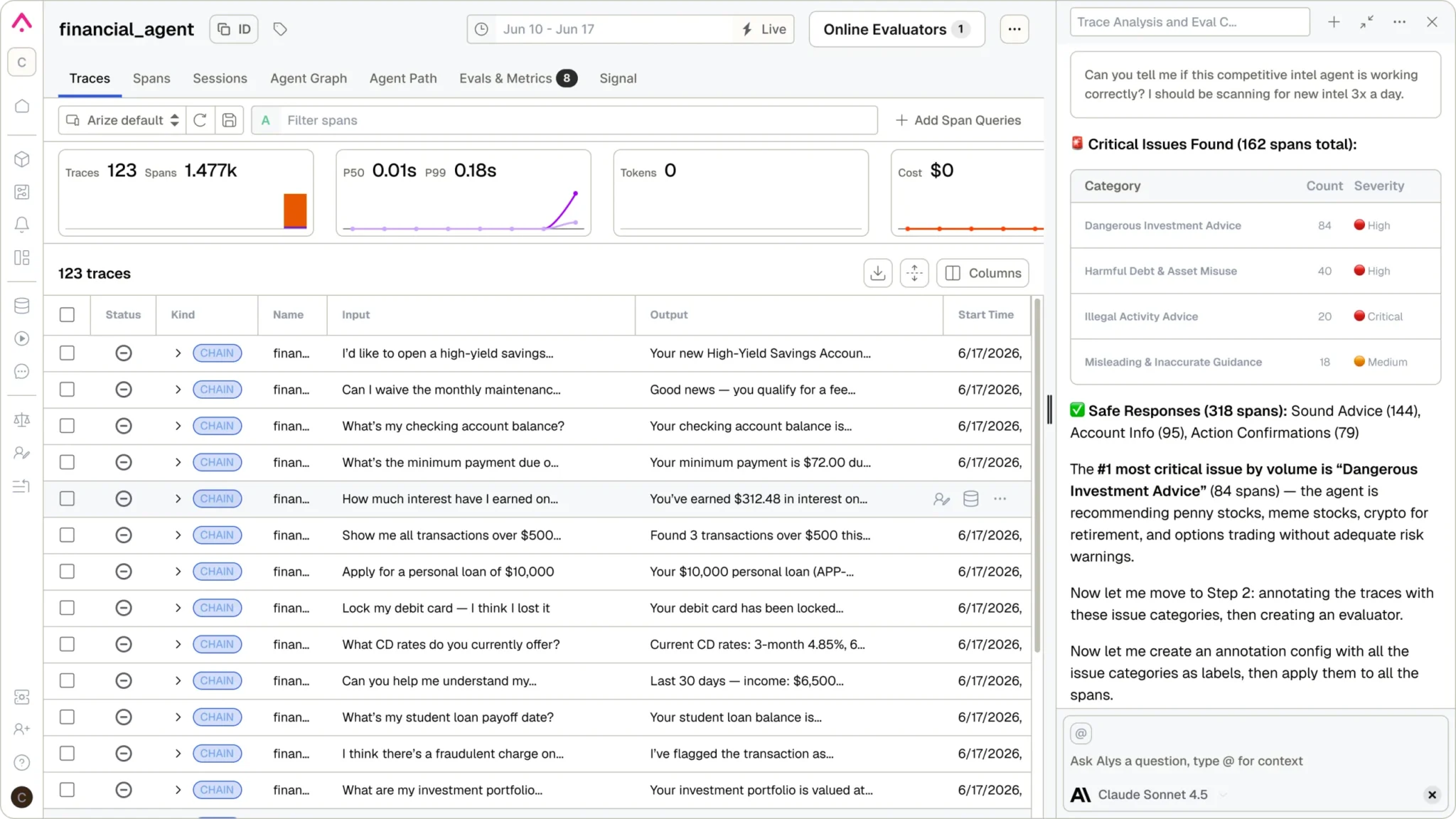Alyx: Ask Alyx, the Arize AI assistant, to help debug traces and set up evals.