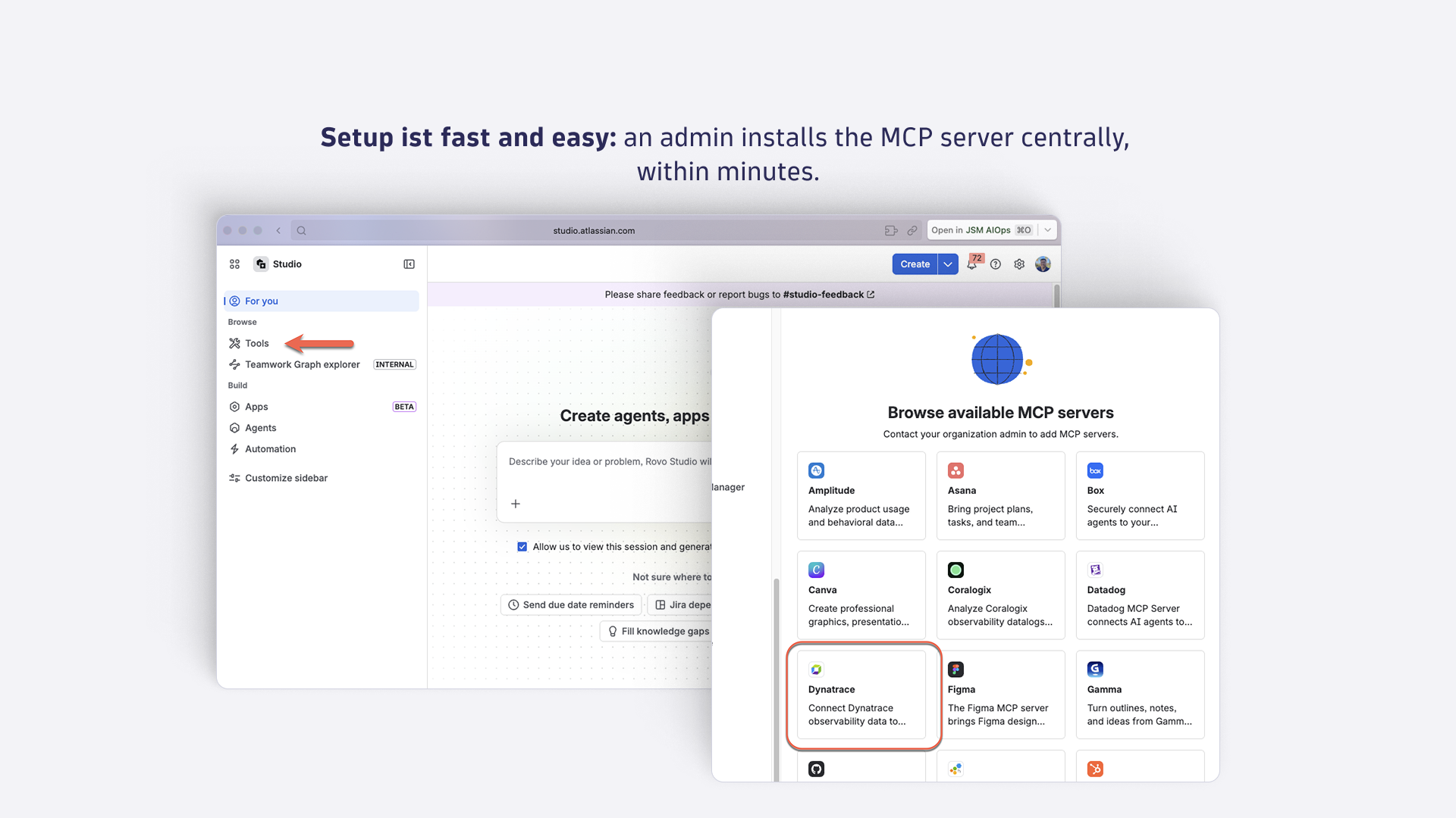 Set is fast and easy: an admin installs the MCP server centrally, within minutes.