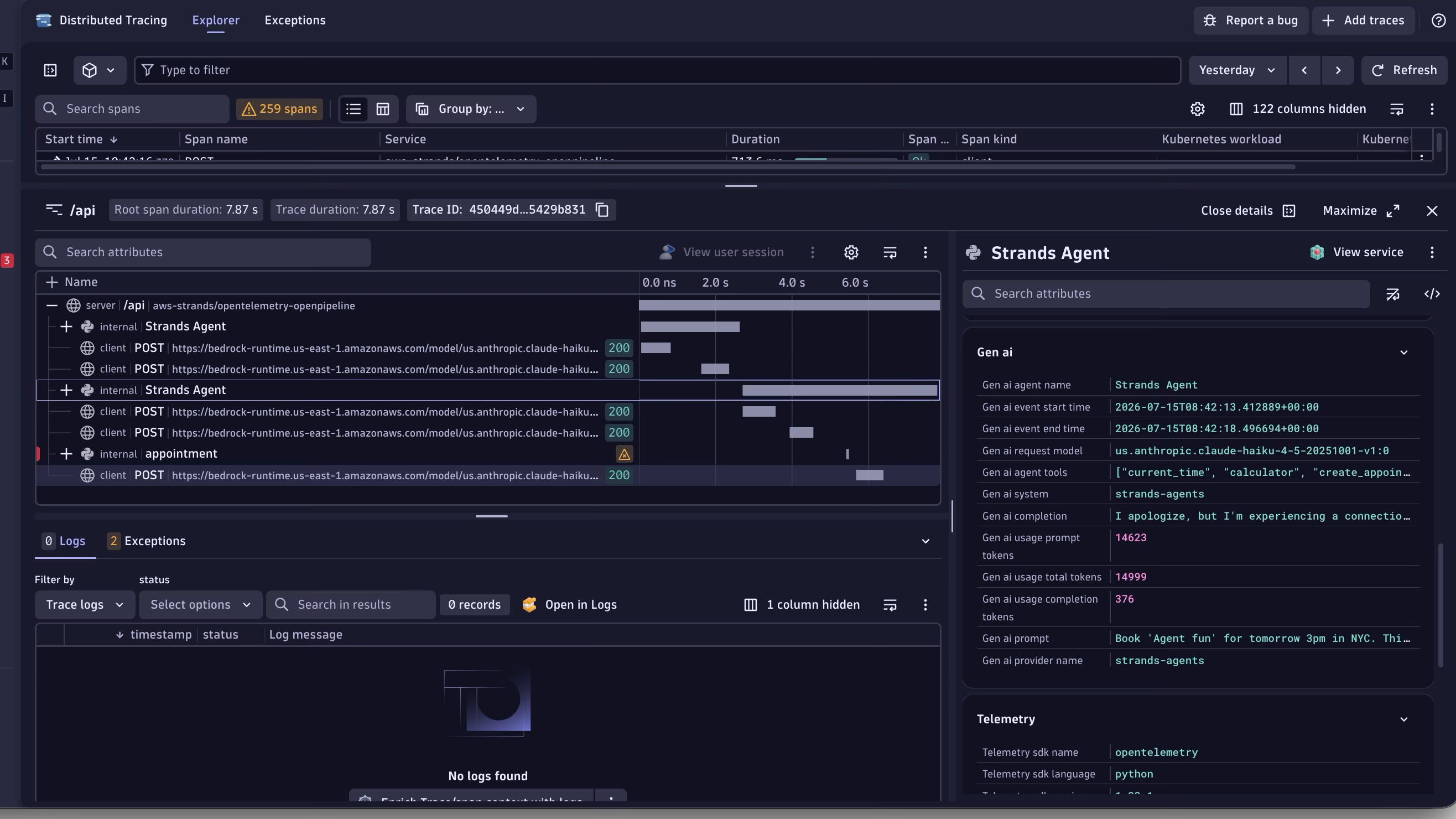 Distributed trace showing the full Strands agent execution.
