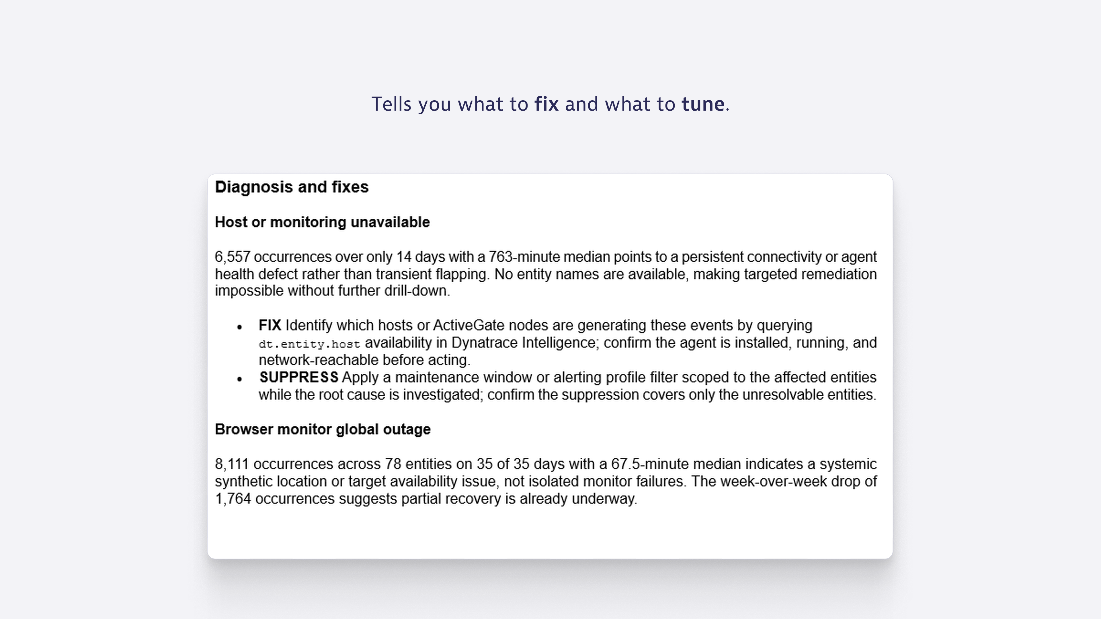 Tells you what to fix and what to tune.
