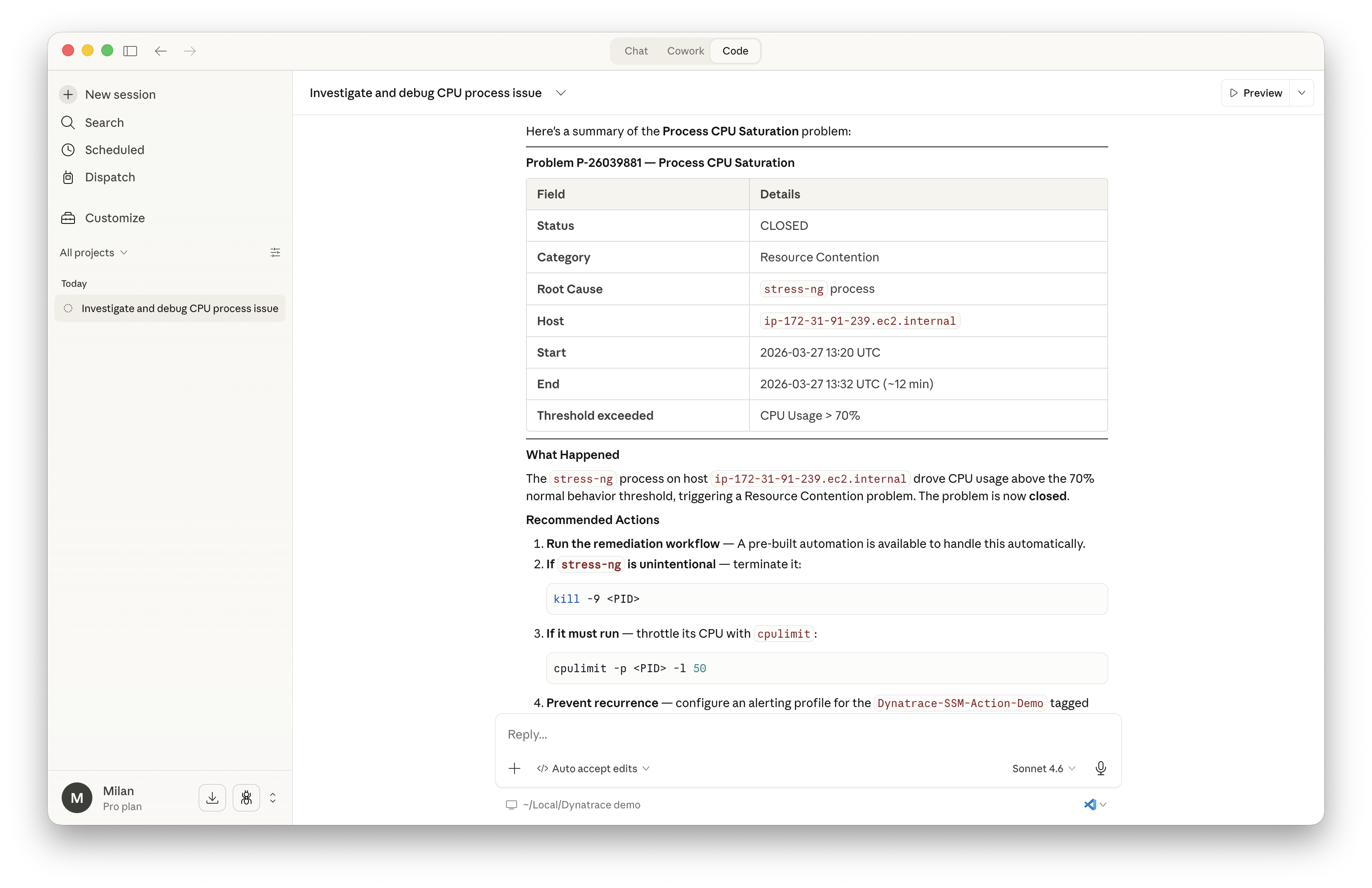 View real-time production insights from your Dynatrace environment in Claude