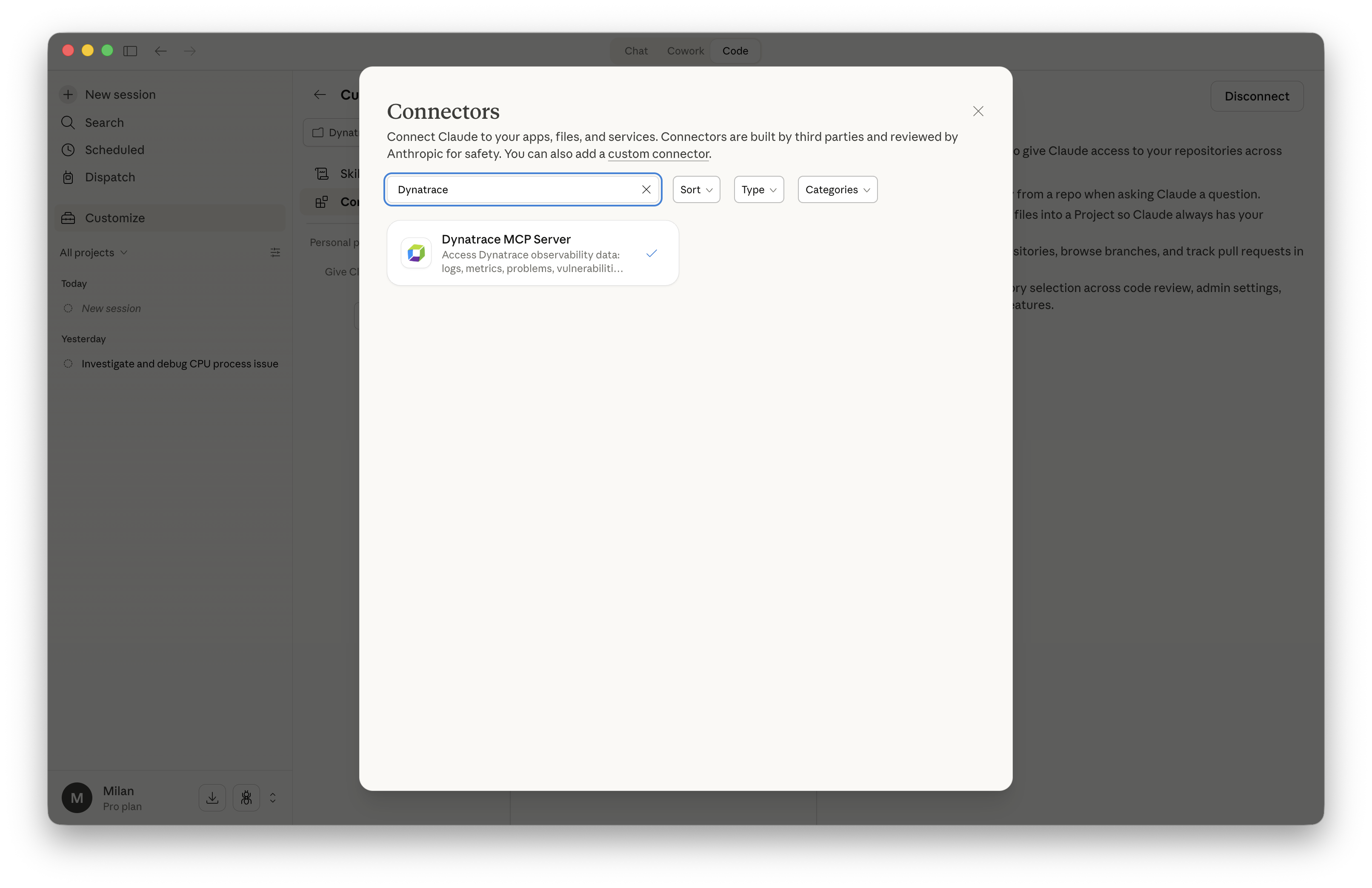 Dynatrace MCP Server listing in Claude