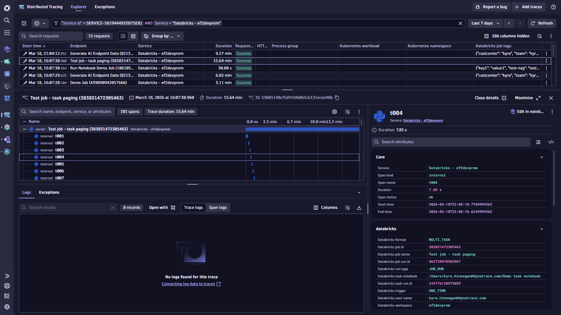 Databricks Job as a trace with task spans in Distributed Tracing app