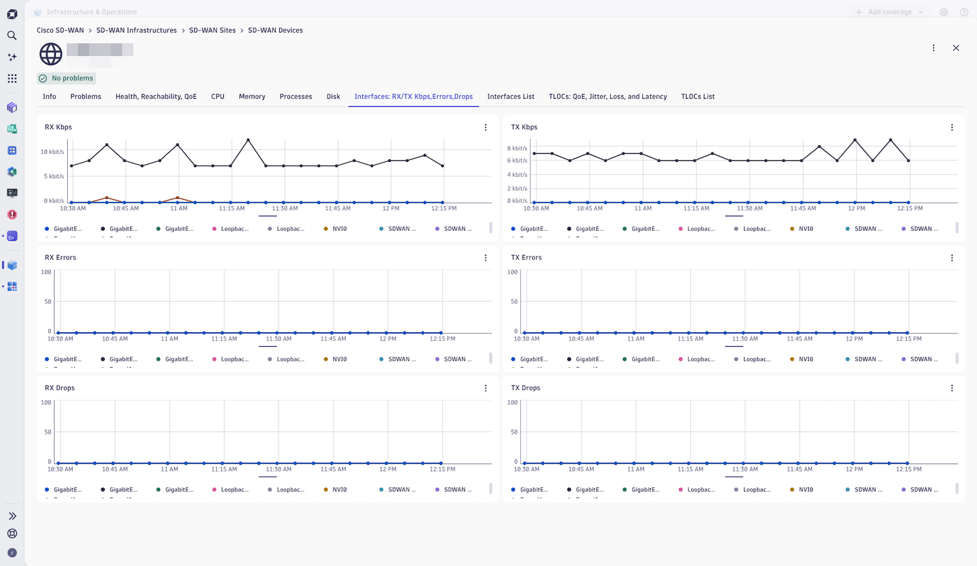 Device interfaces screen in the I&O app