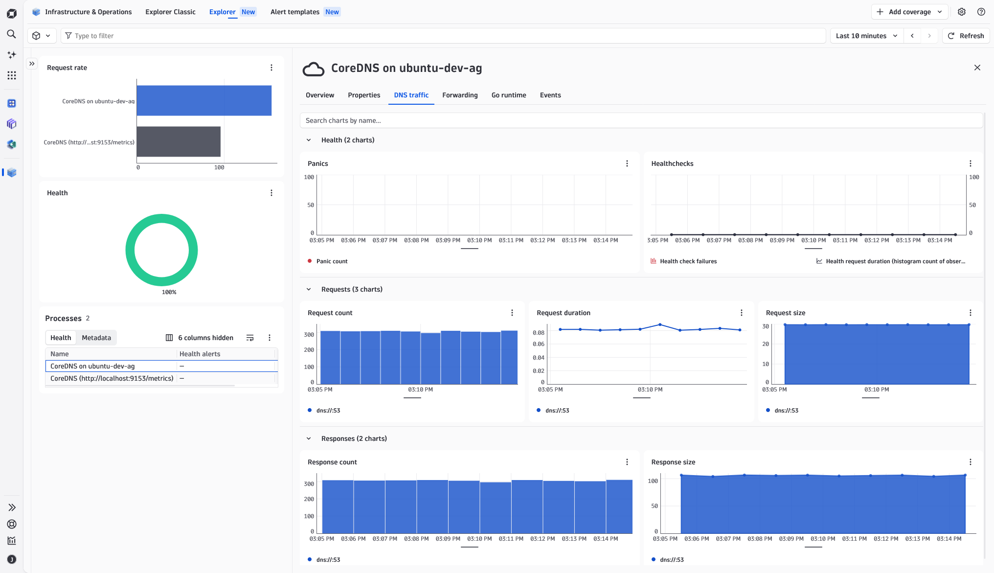 DNS traffic tab with health and traffic metrics