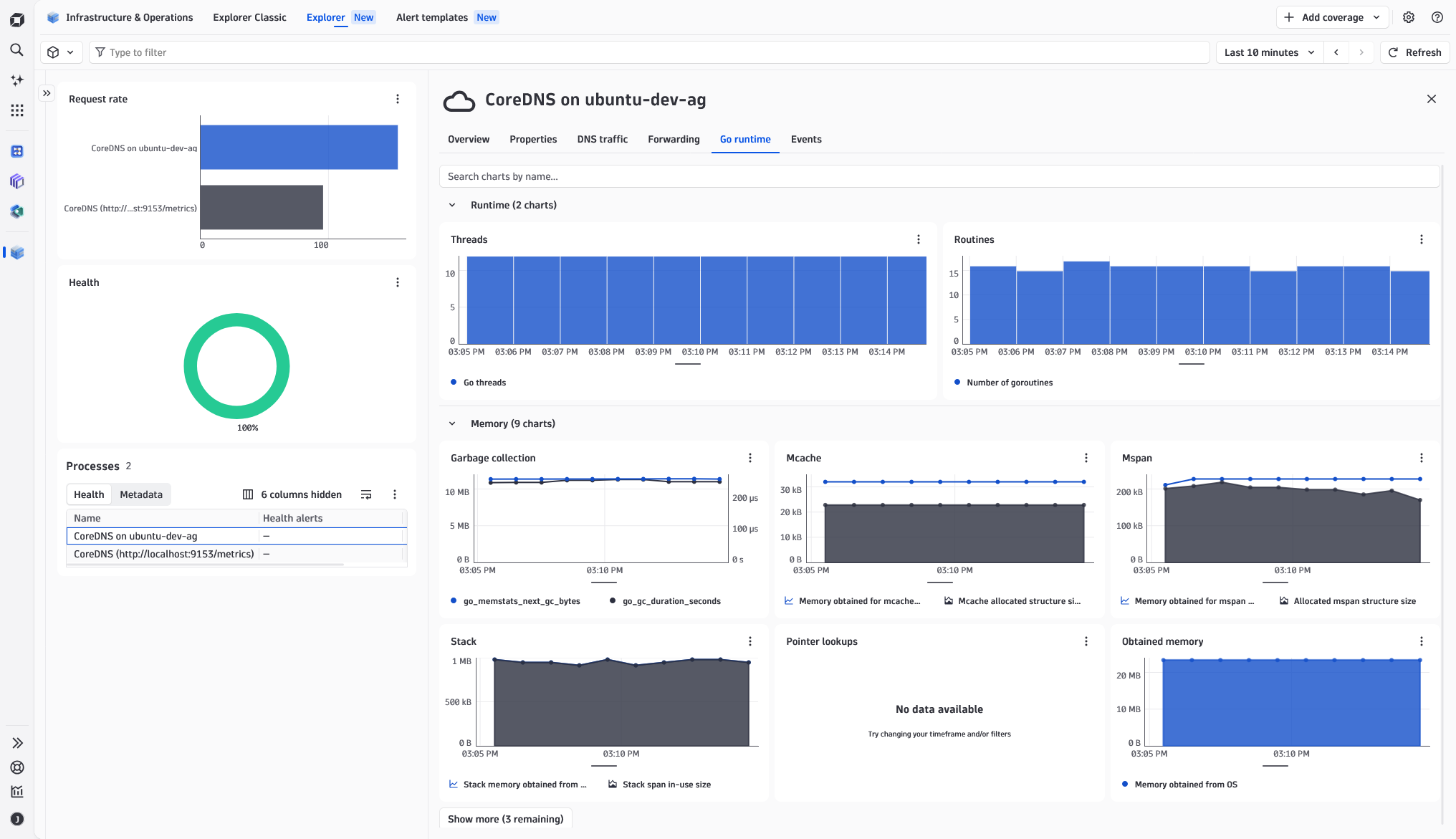 Go runtime tab with memory and concurrency metrics