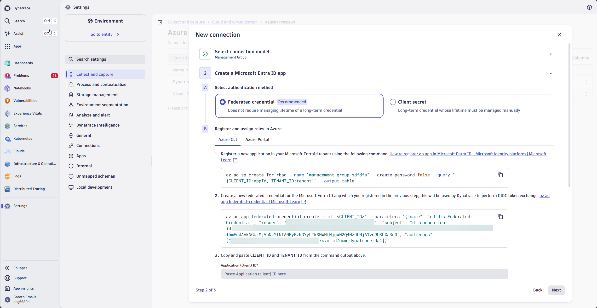 Configuring authentication using a federated credential for Azure onboarding.