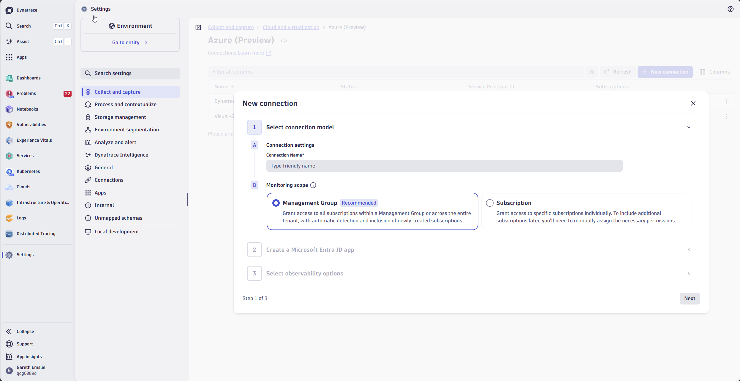 Selecting the Azure connection model in the onboarding flow.