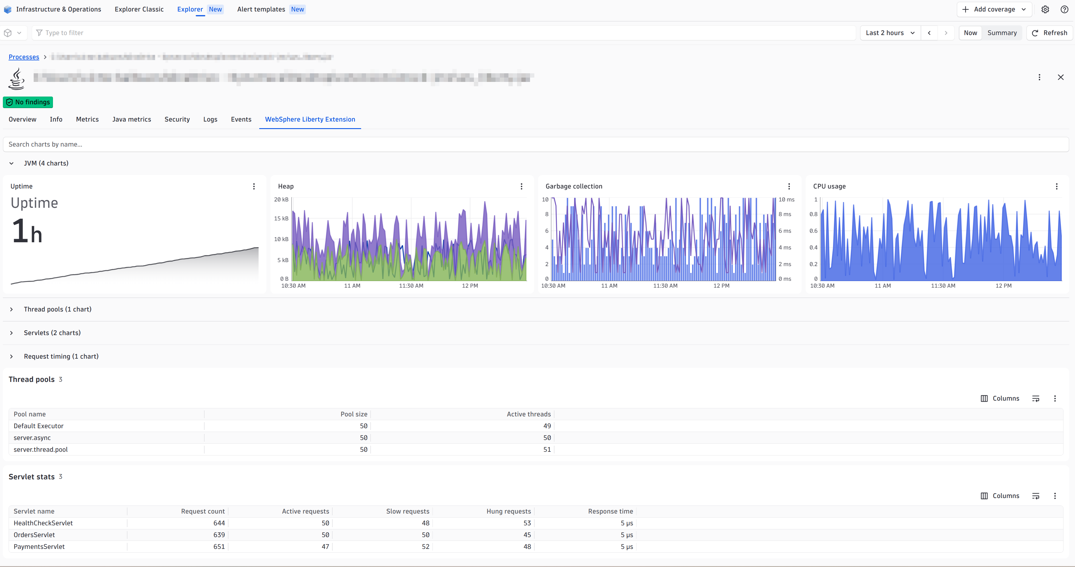 Track WebSphere Liberty JVM, thread pools, servlets, and request timing right in your process view.