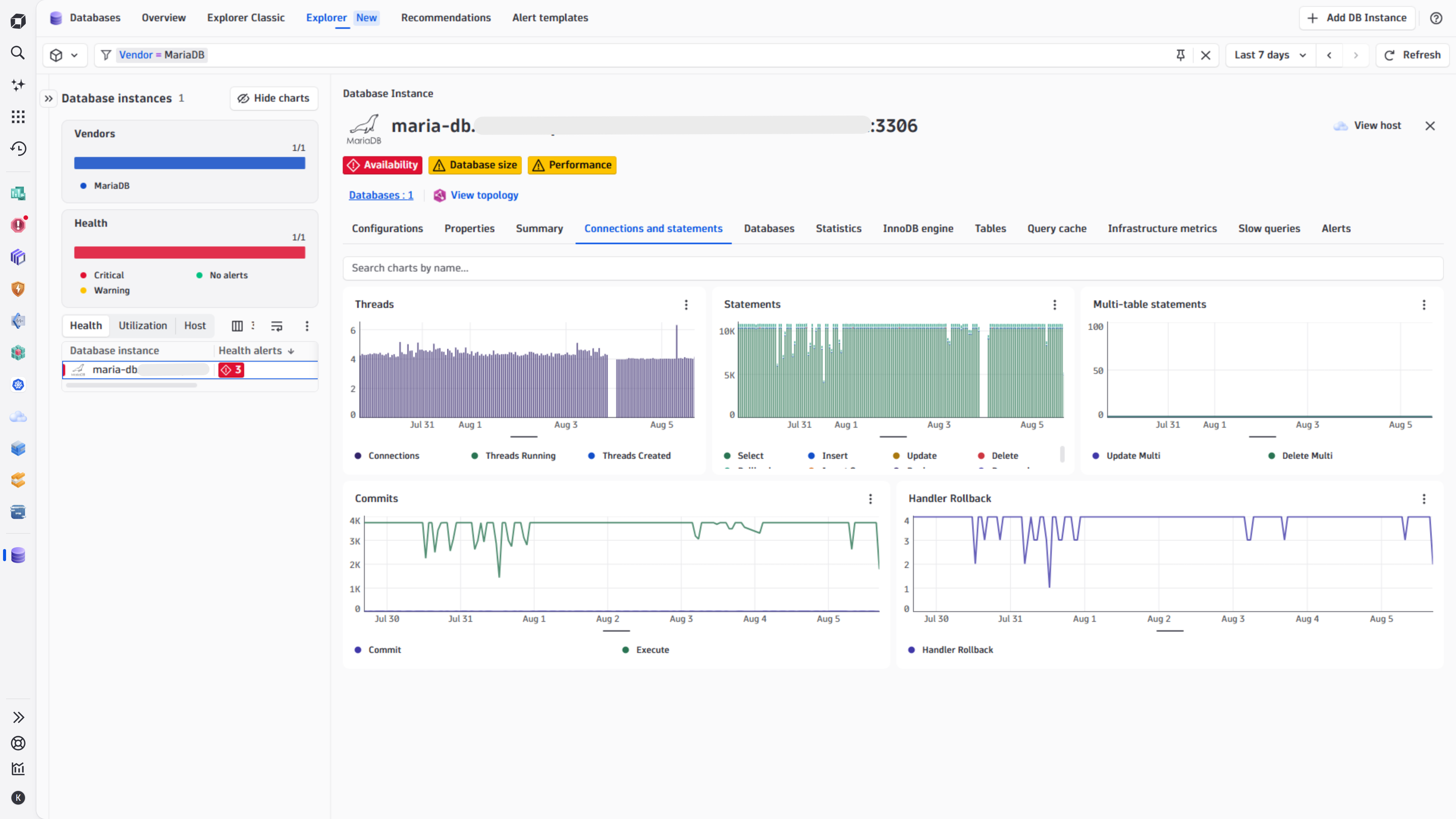 Database instance connections & statements in Databases app.