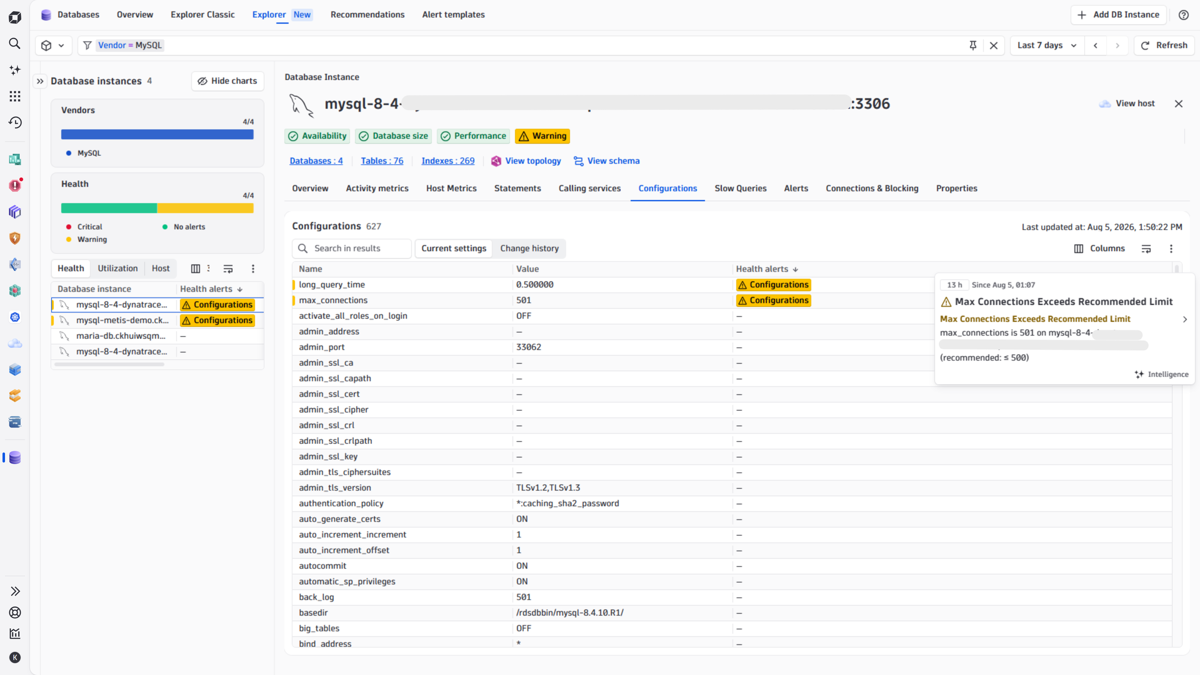 Database instance configuration settings and recommendations in Databases app.