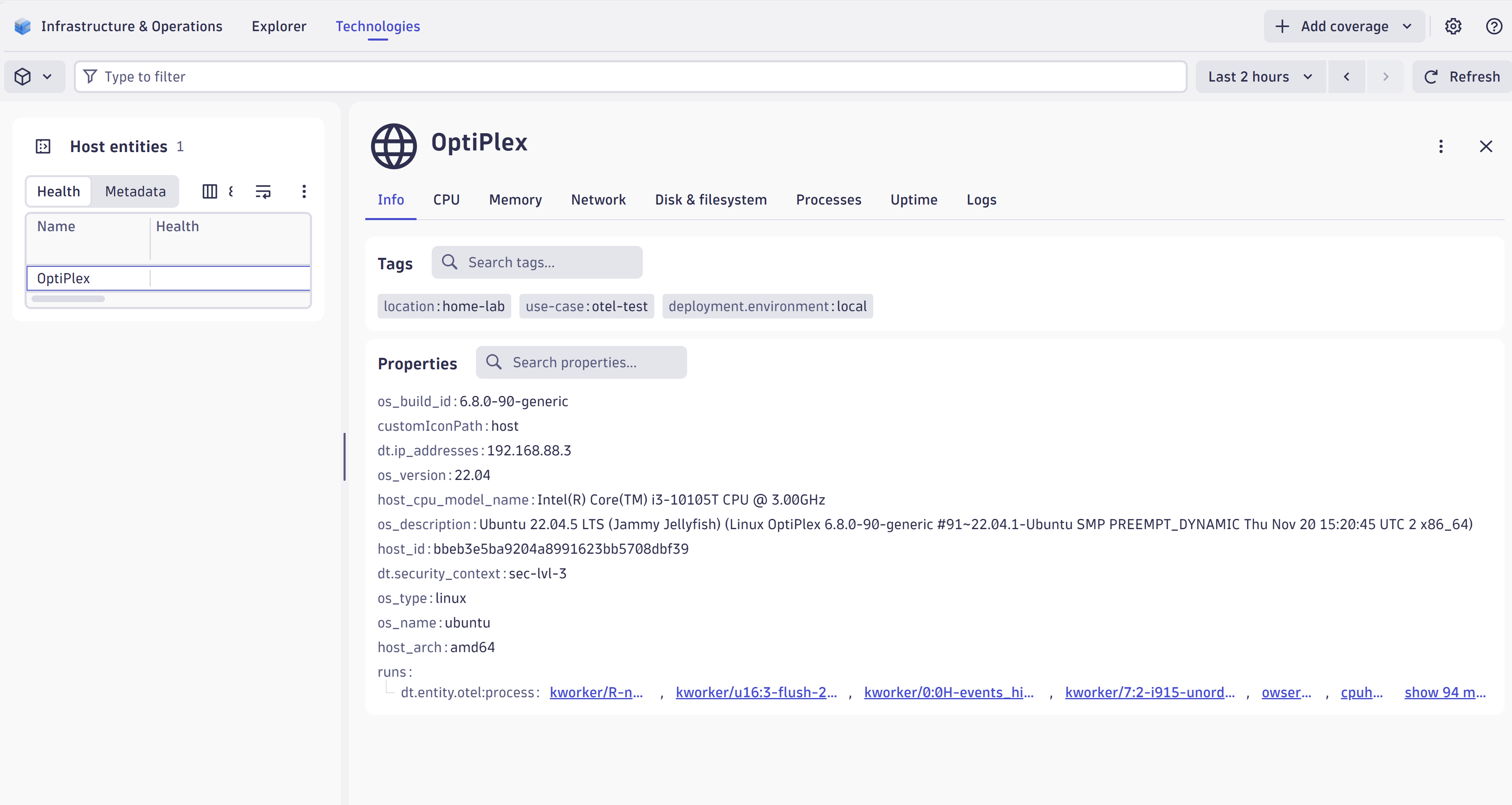 Navigate the details of your monitored OpenTelemetry host.