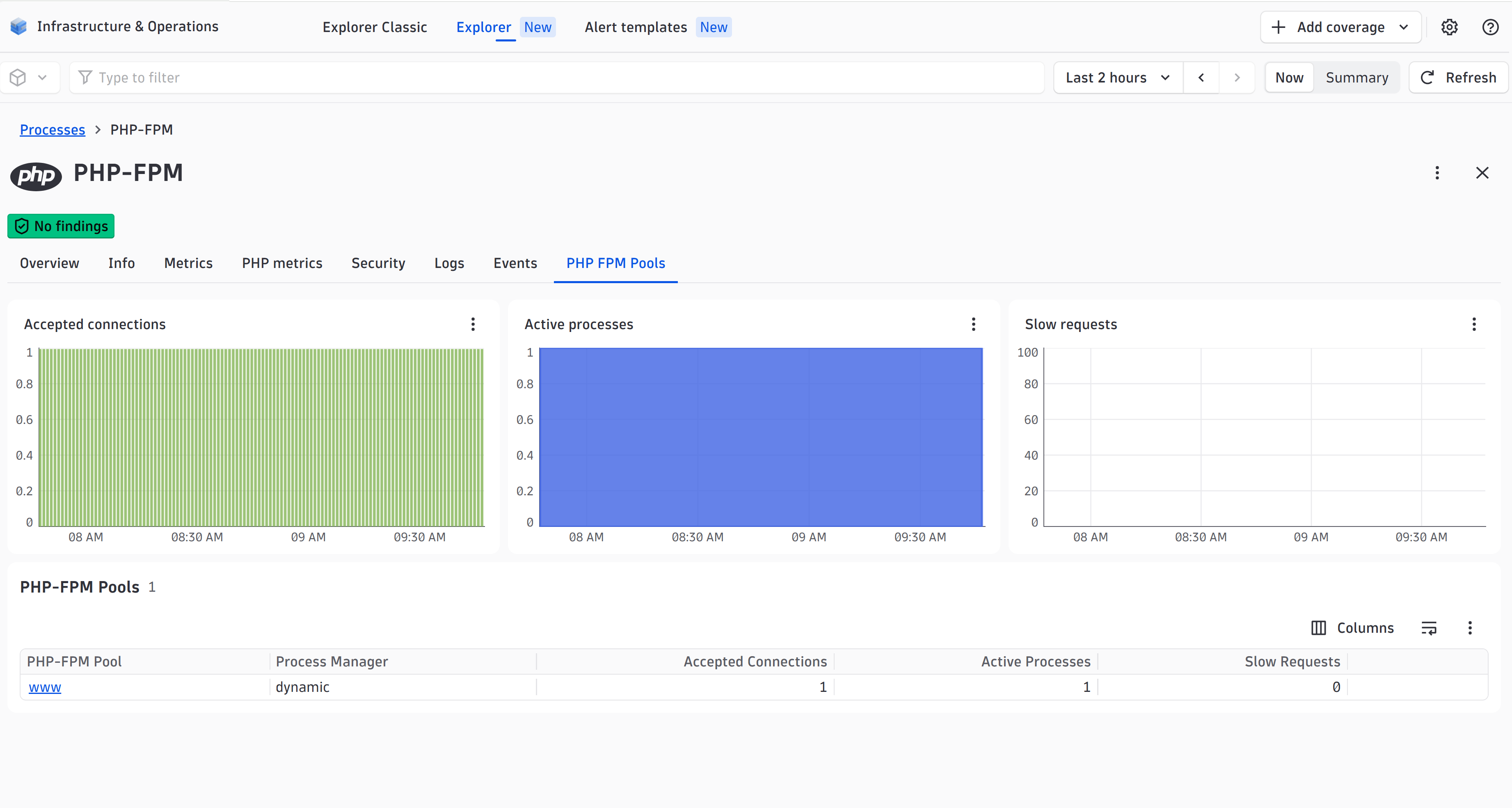 Watch accepted connections, active processes, and slow requests right on your PHP-FPM native process page.