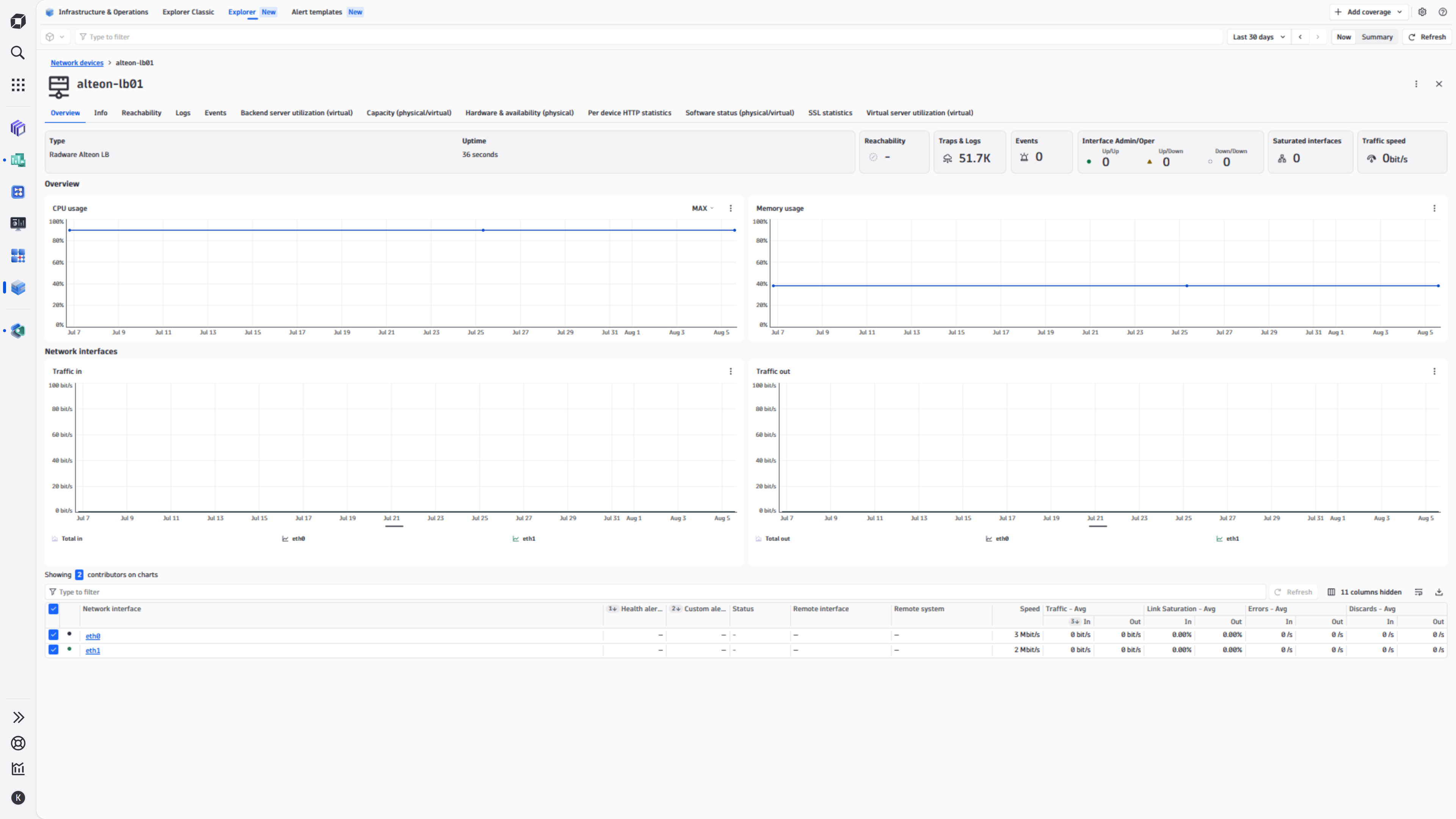 Radware Alteon network device overview screen in I&O app