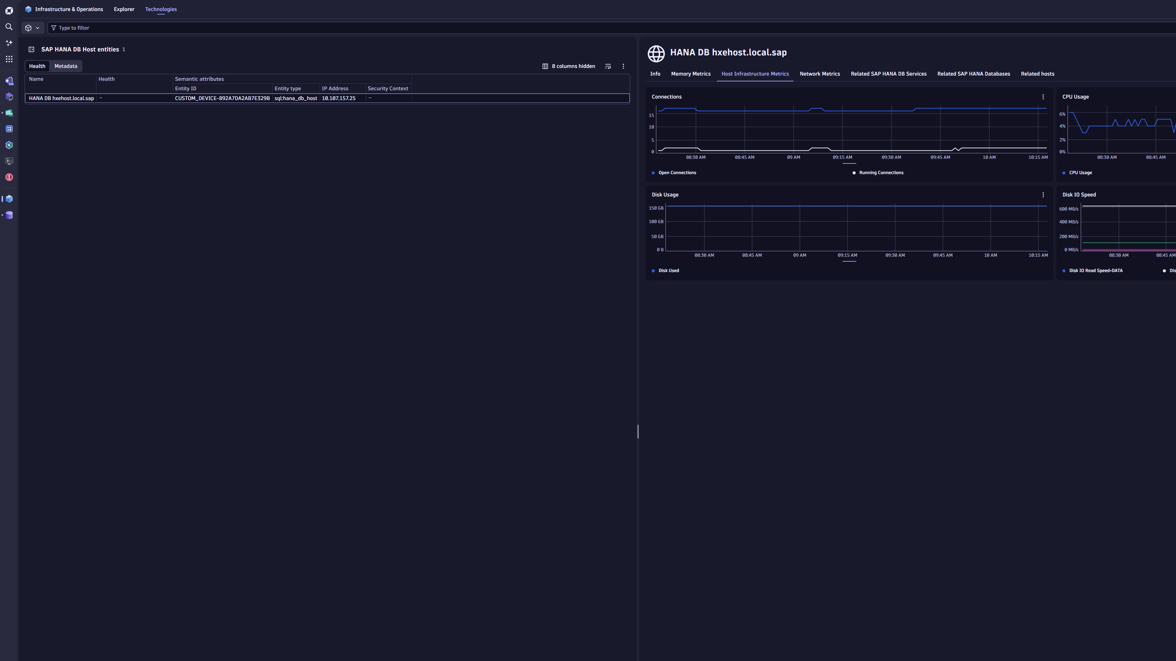 A SAP HANA DB Host in the Infrastructure & Operations App