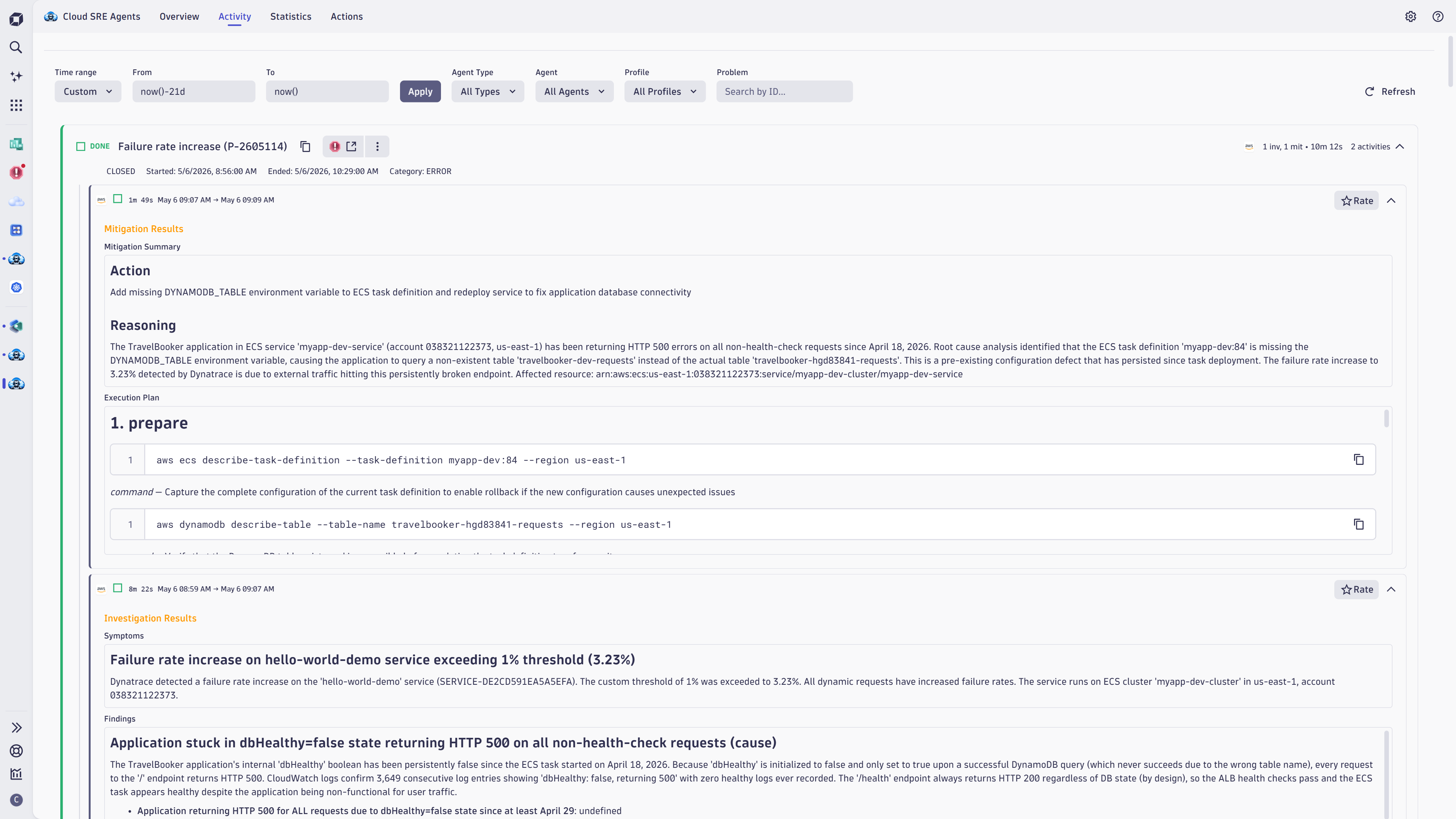 Activity tab showing an expanded investigation card with agent findings and rating control.