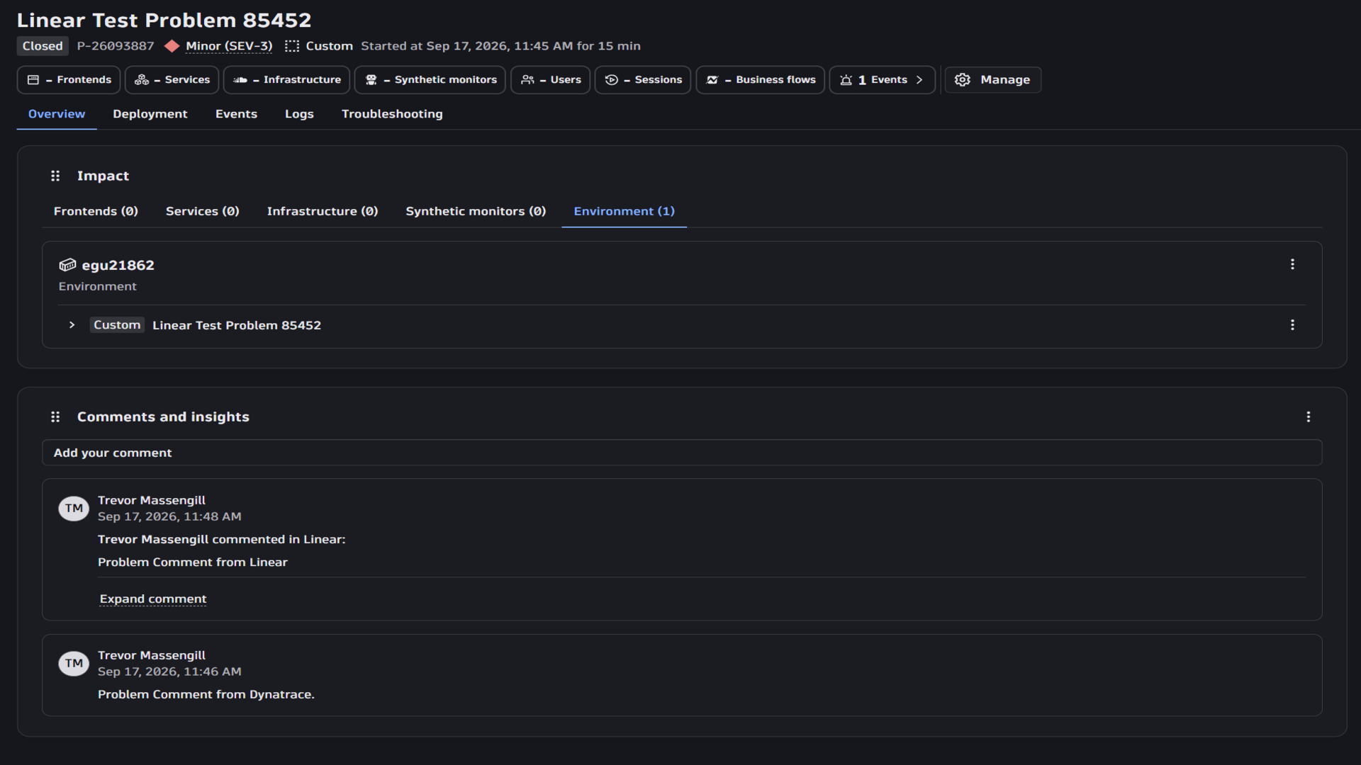 Sharing comments between Dynatrace and Linear