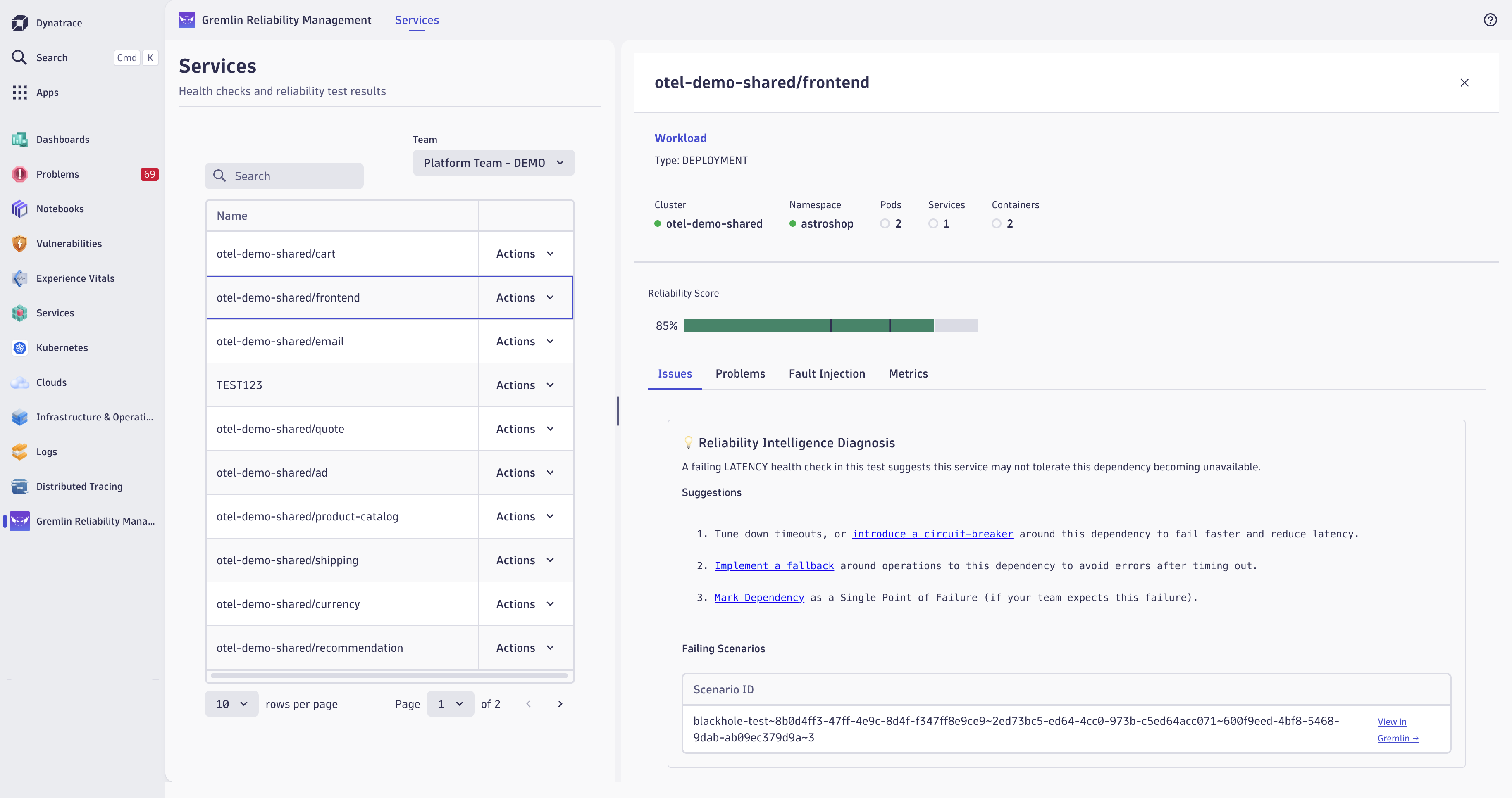 Frontend service showing 10 recent Gremlin test runs across CPU, Memory, Latency, and Certificate Expiry scenarios.