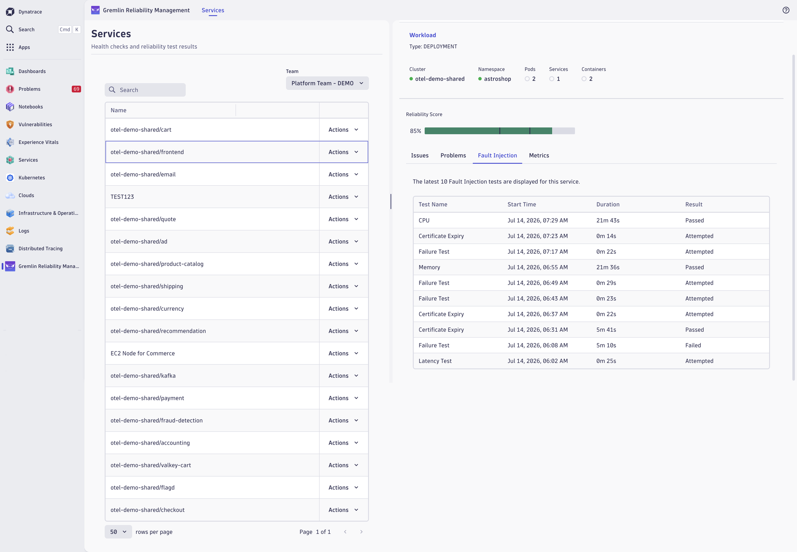 Frontend service showing 10 recent Gremlin test runs across CPU, Memory, Latency, and Certificate Expiry scenarios.