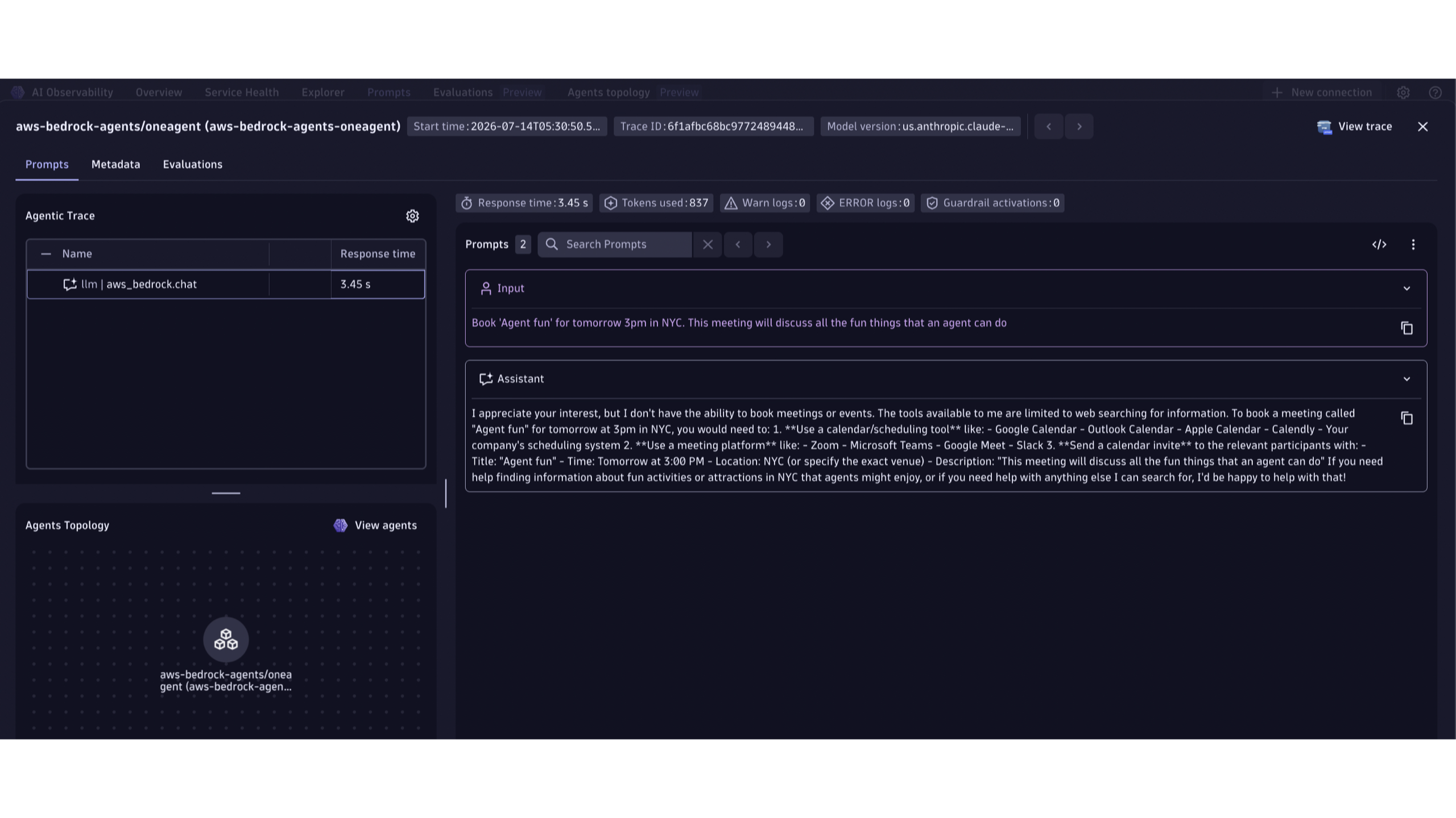 Inspect Amazon Bedrock prompts, responses, and token usage