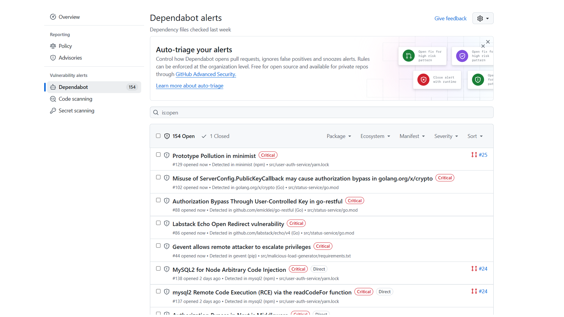 GitHub Dependabot alerts page (before Dynatrace impact-based prioritization)