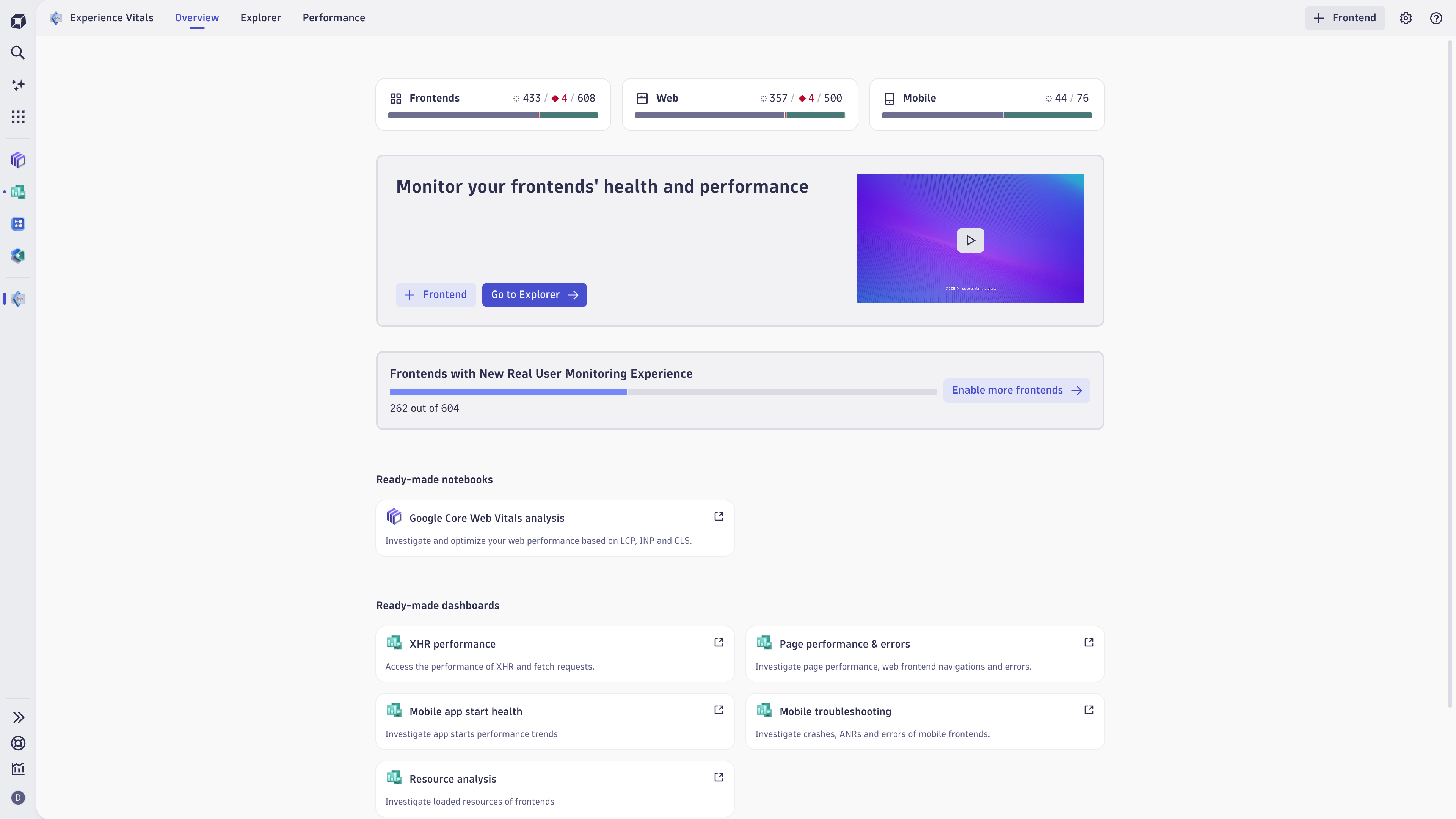 Overview of monitored frontends with trending health alerts. Dive into the app or drill down into resource analysis using Notebooks and Dashboards.