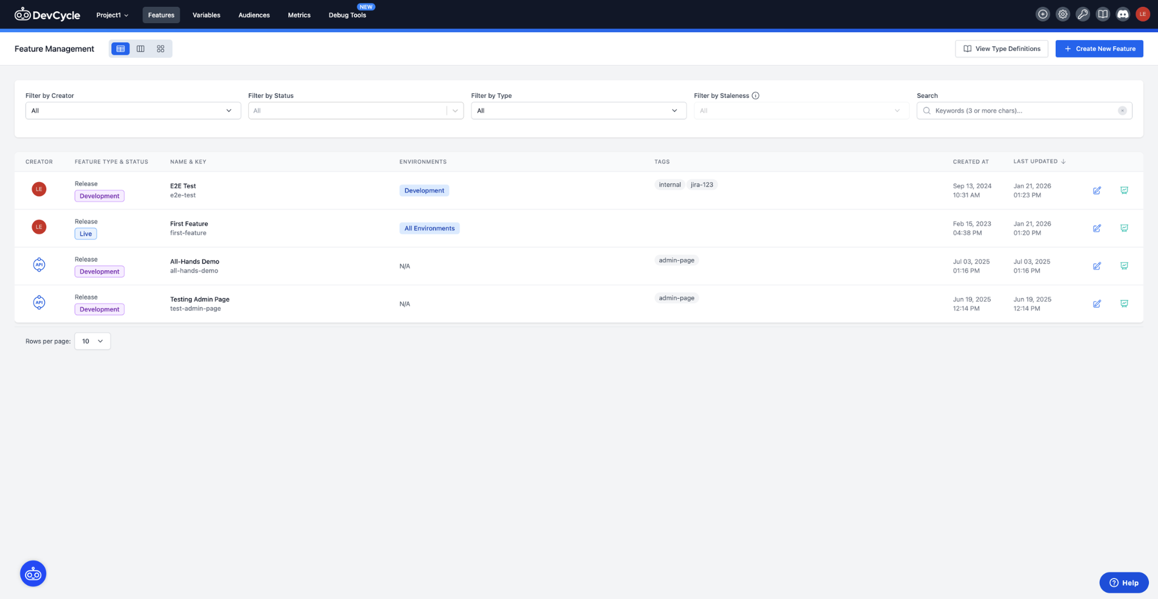 DevCycle dashboard showing a list of feature flags, their status, environments, and rollout information.