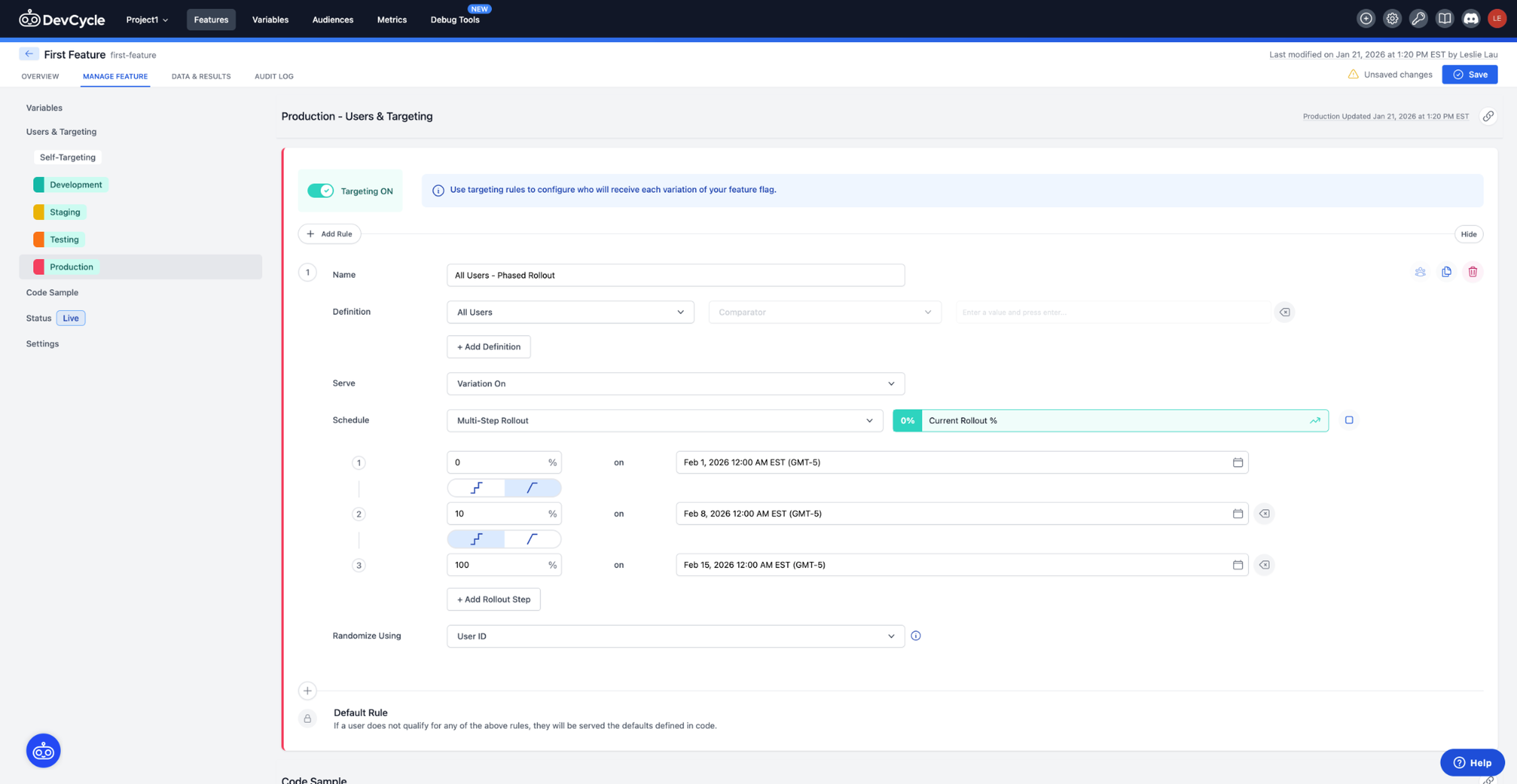 DevCycle targeting rules interface showing rule definitions, audience conditions, and rollout configuration.