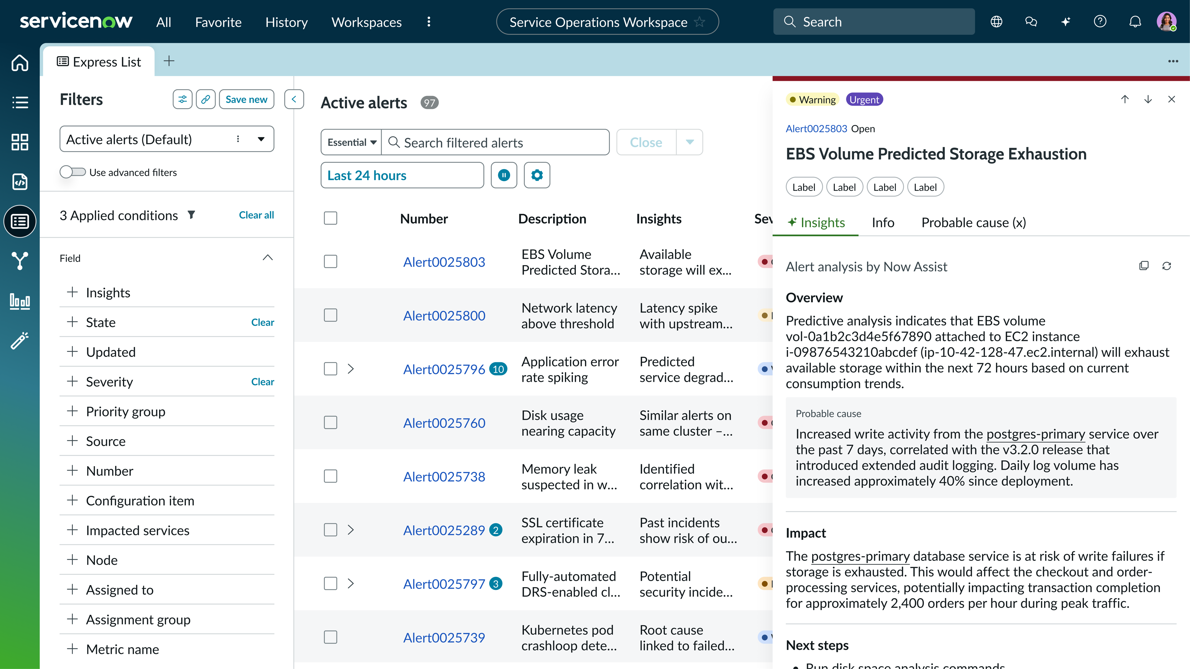 ServiceNow UI; Dynatrace Assist with prediction of storage exhaustion