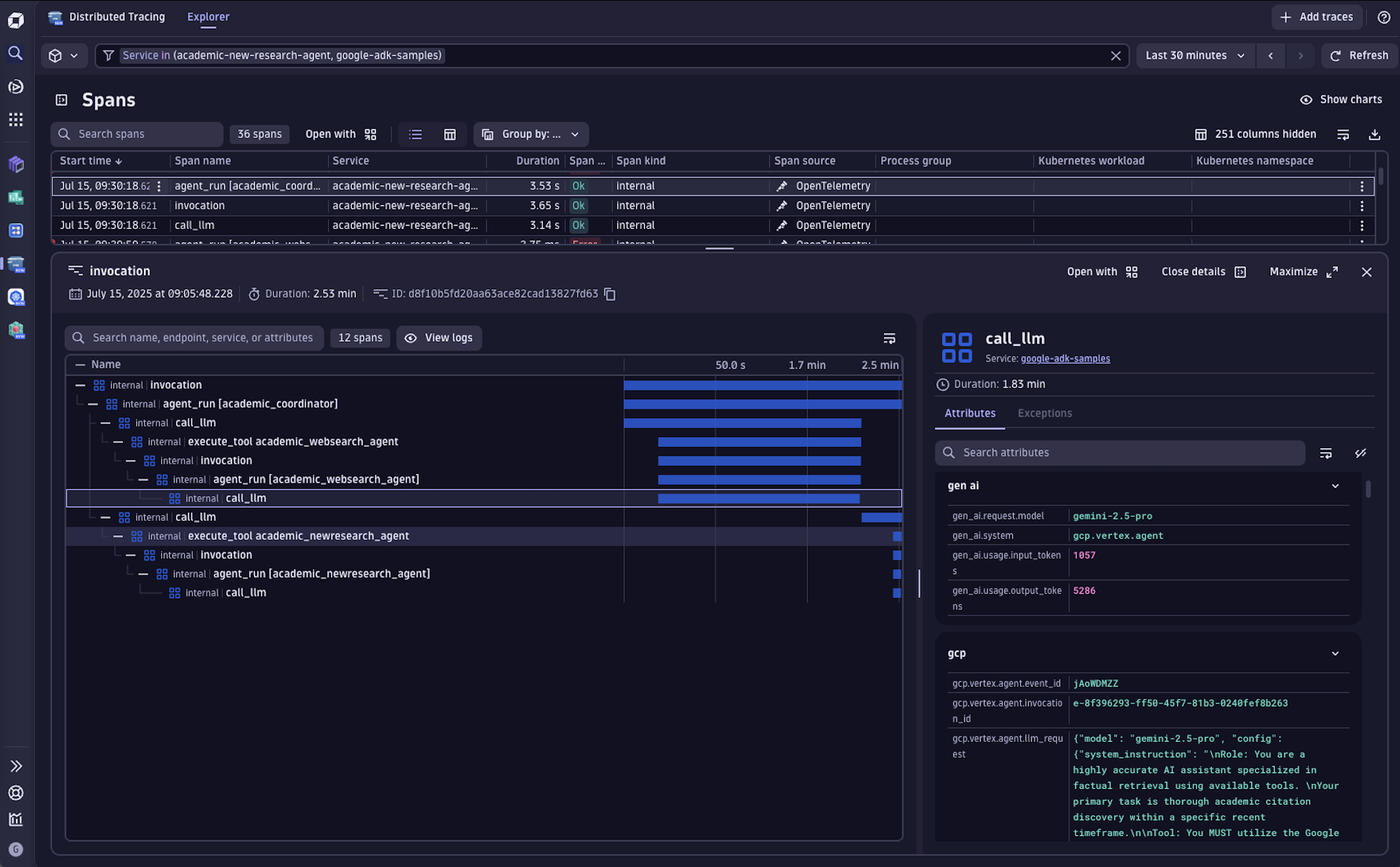 Gain full visibility into the execution of each user request with end-to-end traces that cover the full Agentic AI stack for Google ADK