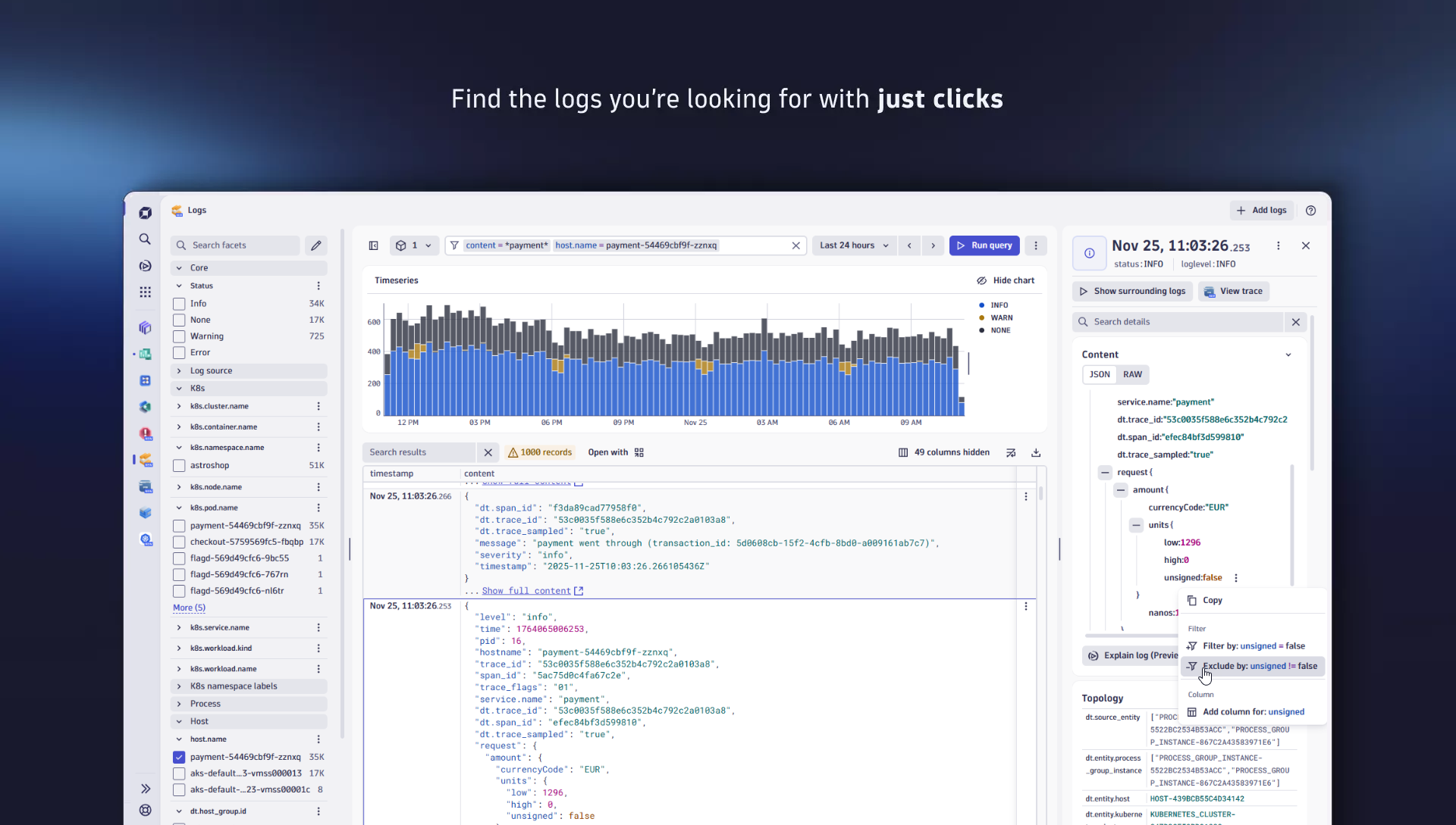 Clear, stacked severity trends with swift and intuitive filtering options help to explore JSON-structured and other logs easily.