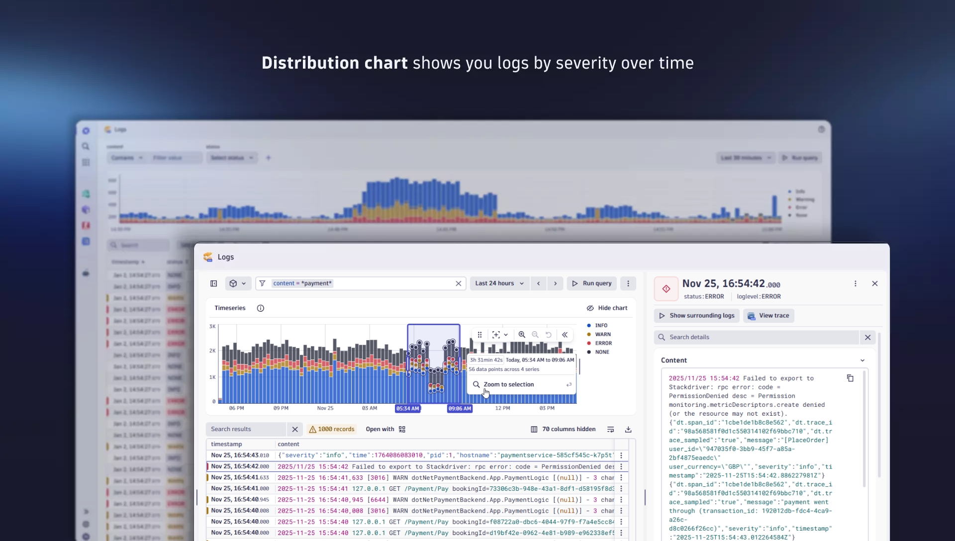 The dynamic histogram chart with intuitive point-and-click filter provide unique experience for simplified and timely exploration of logs.