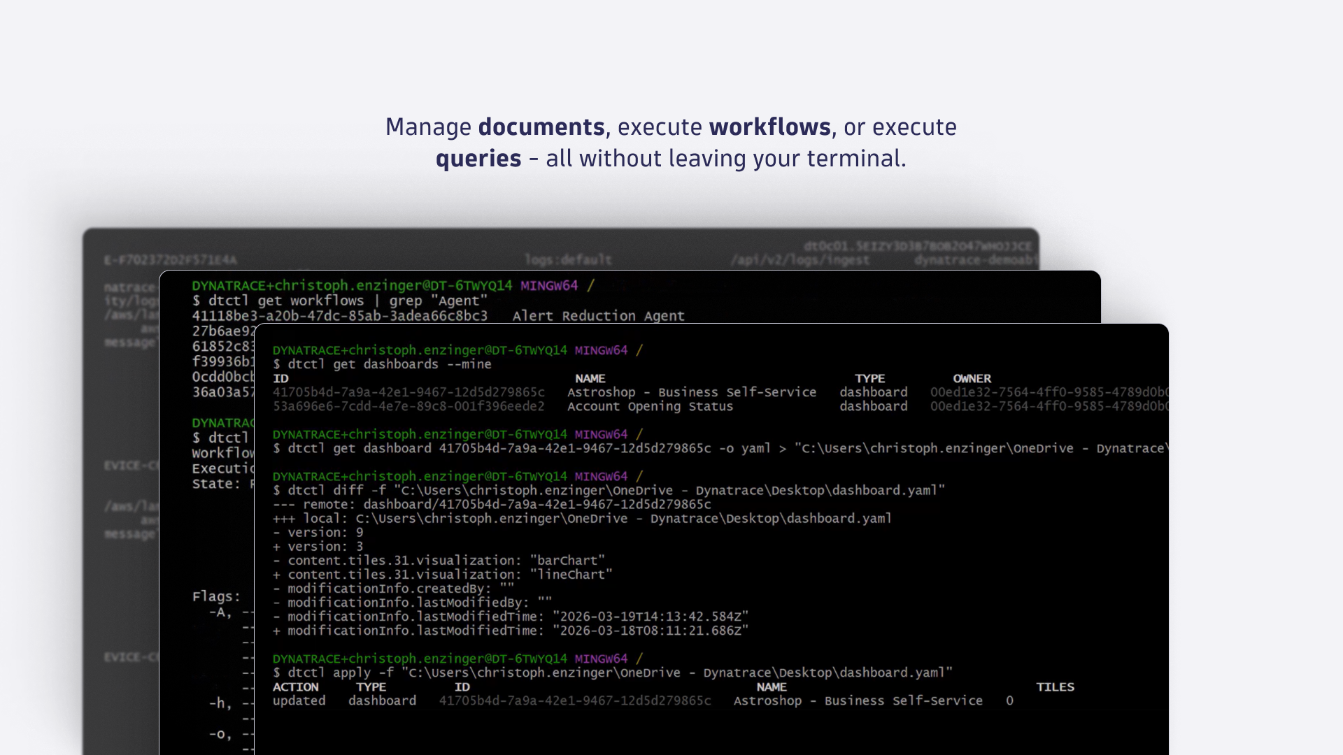Manage documents, execute workflows, or execute queries - all without leaving your terminal.