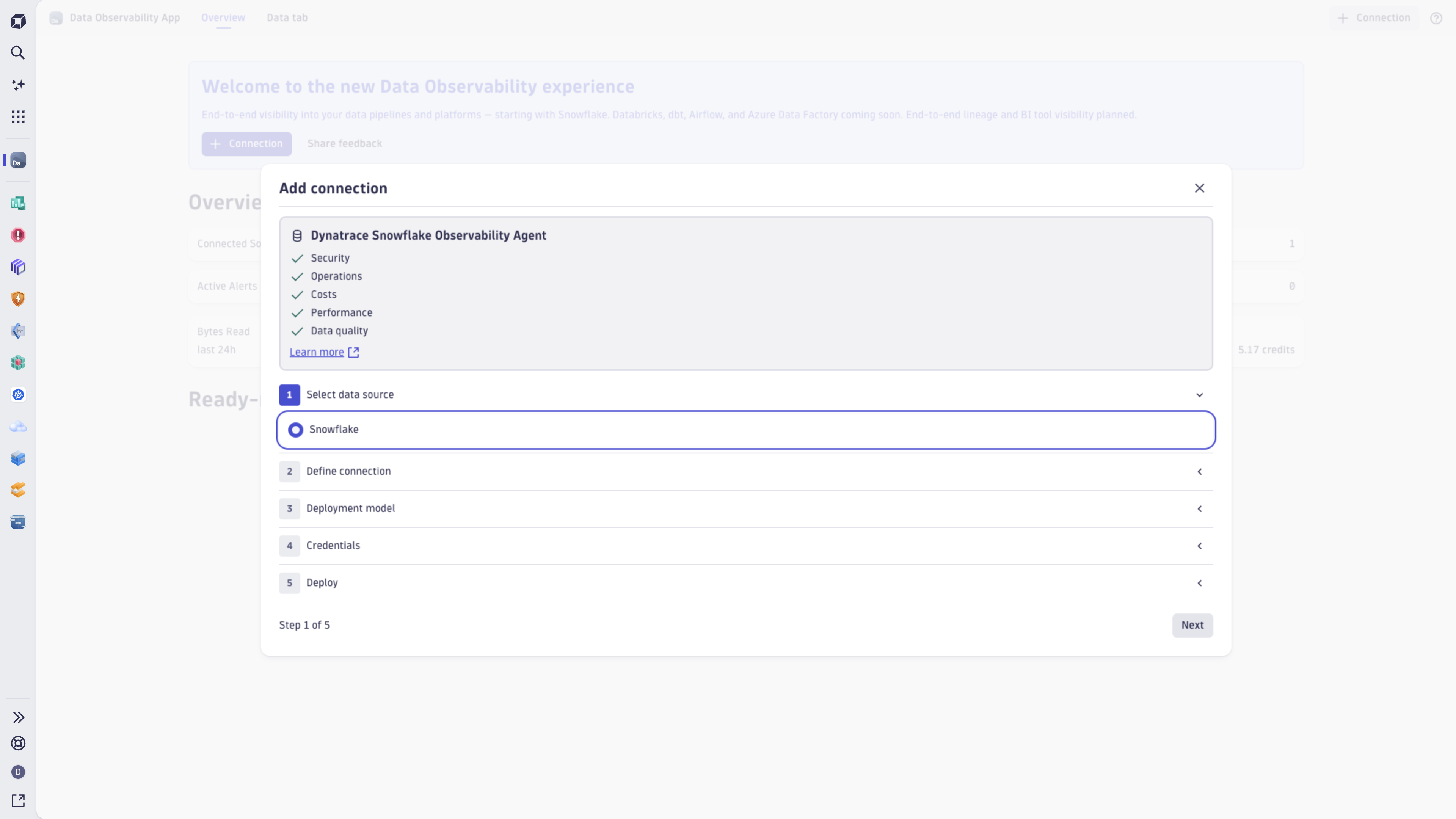 Dynatrace Snowflake Observability Agent connection configuration wizard