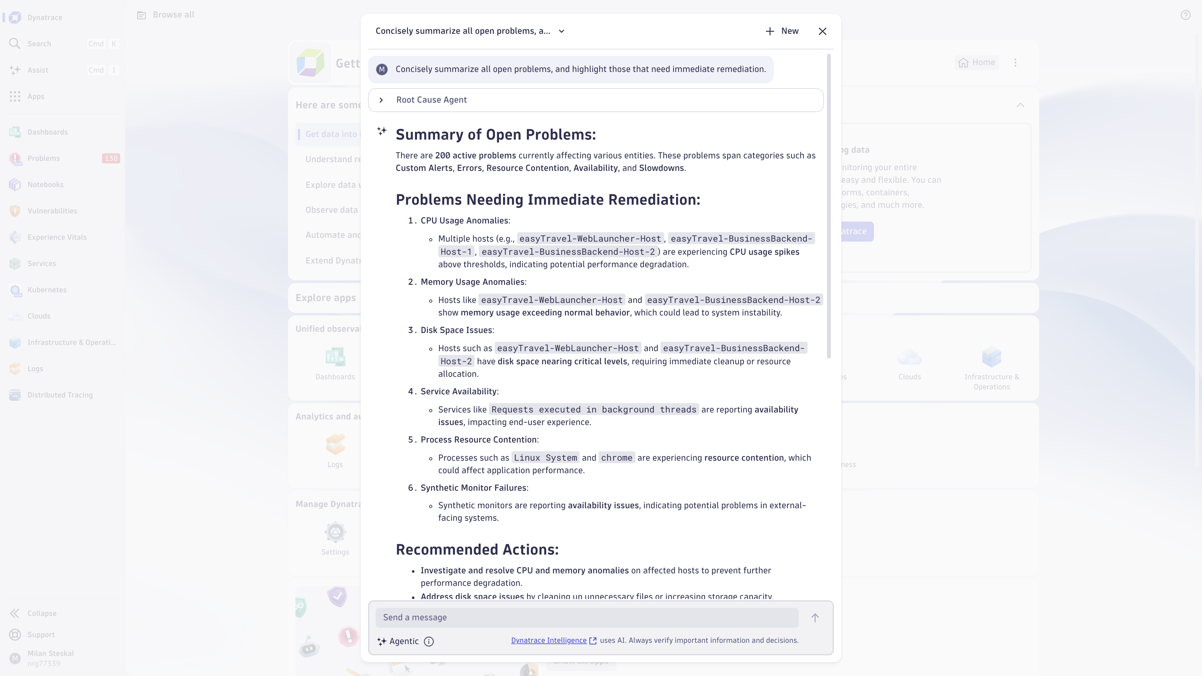 Ask Dynatrace Assist to summarize all open problems to get a quick overview of your environment.