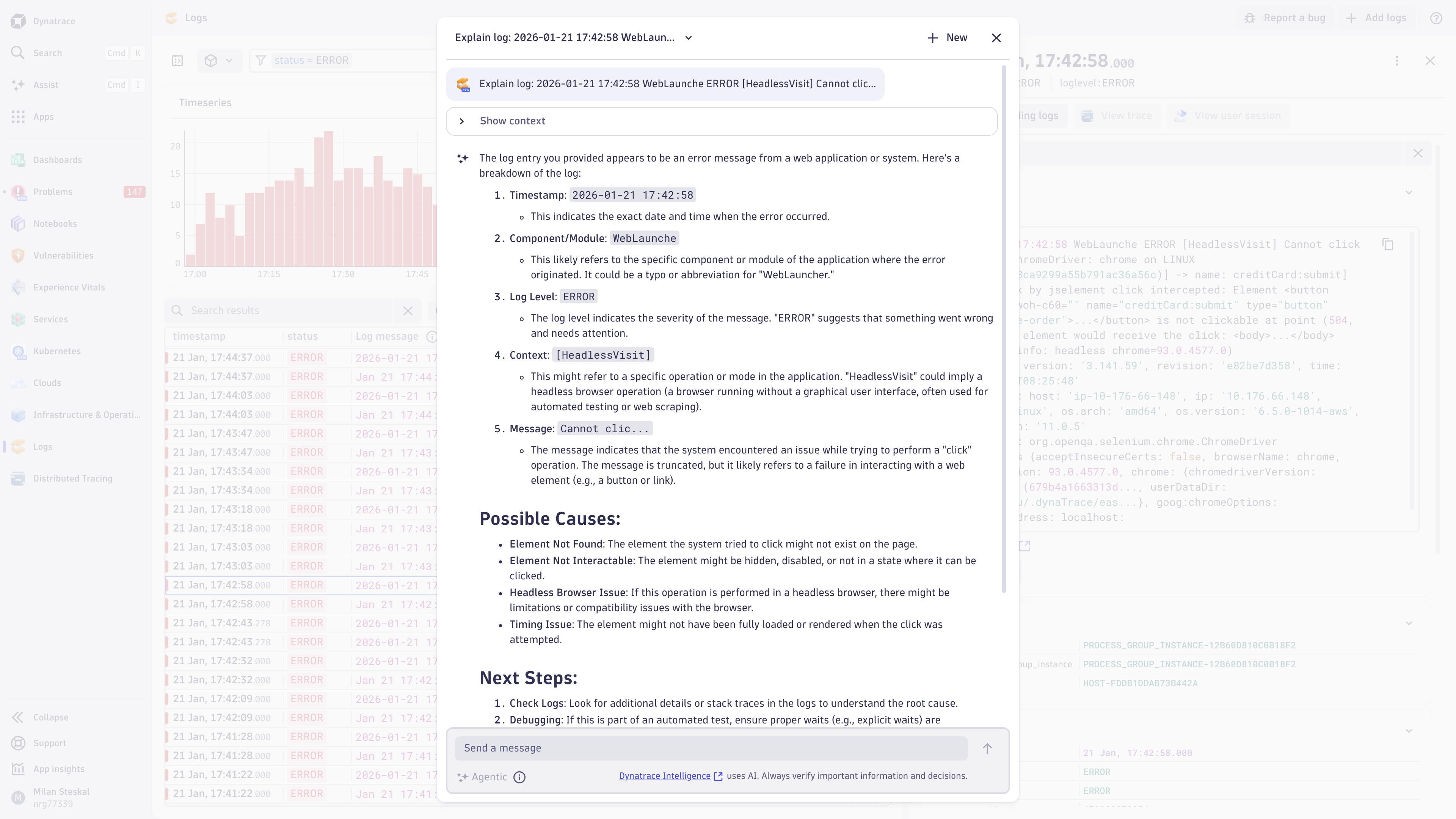 Ask Dynatrace Assist to explain your logs to quickly get the insights, potential impact, likely causes and recommended next steps.