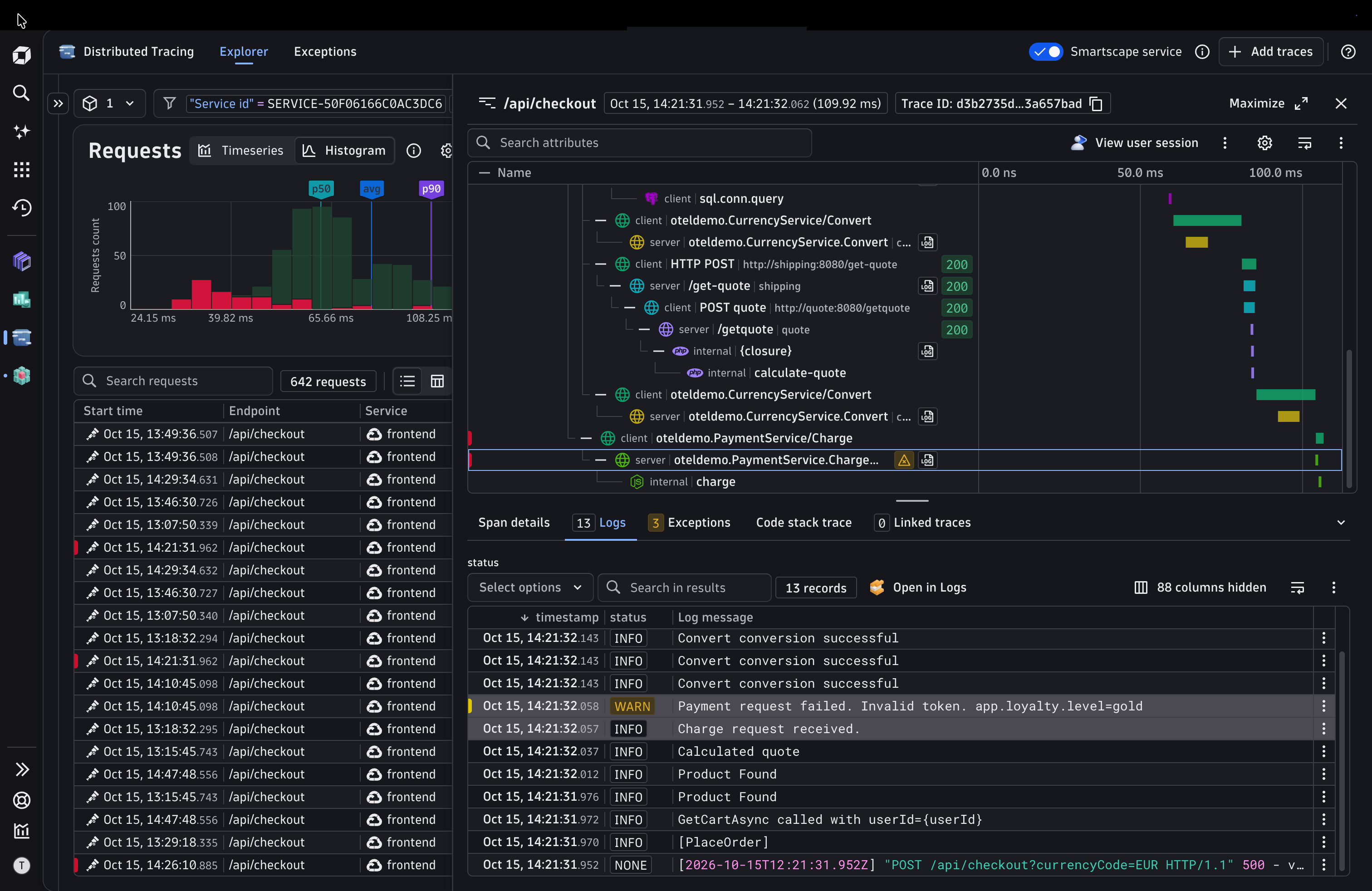 Dive into the details of a trace and explore related logs