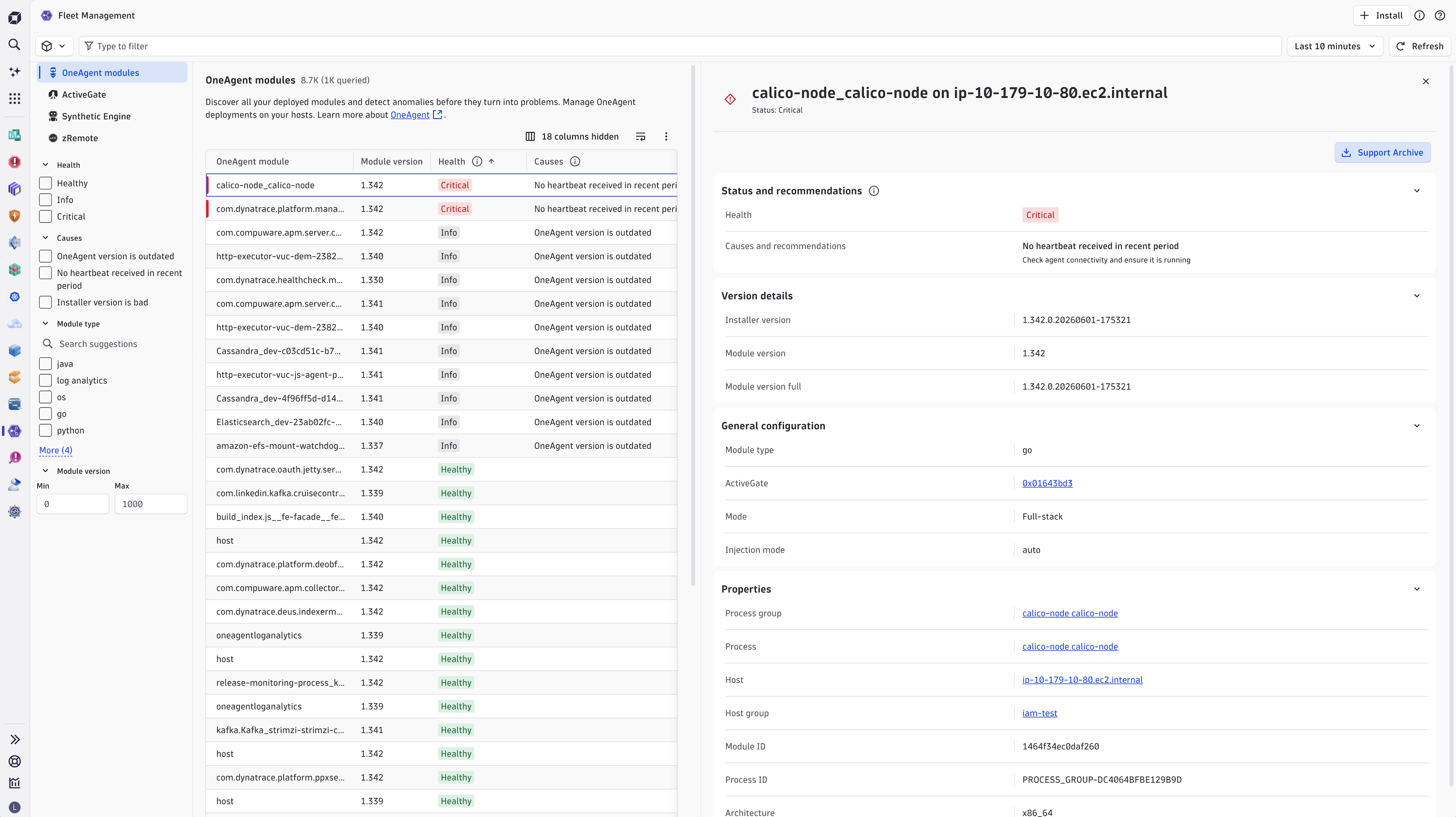 Detailed view of individual OA modules and ActiveGates to understand their deployment details