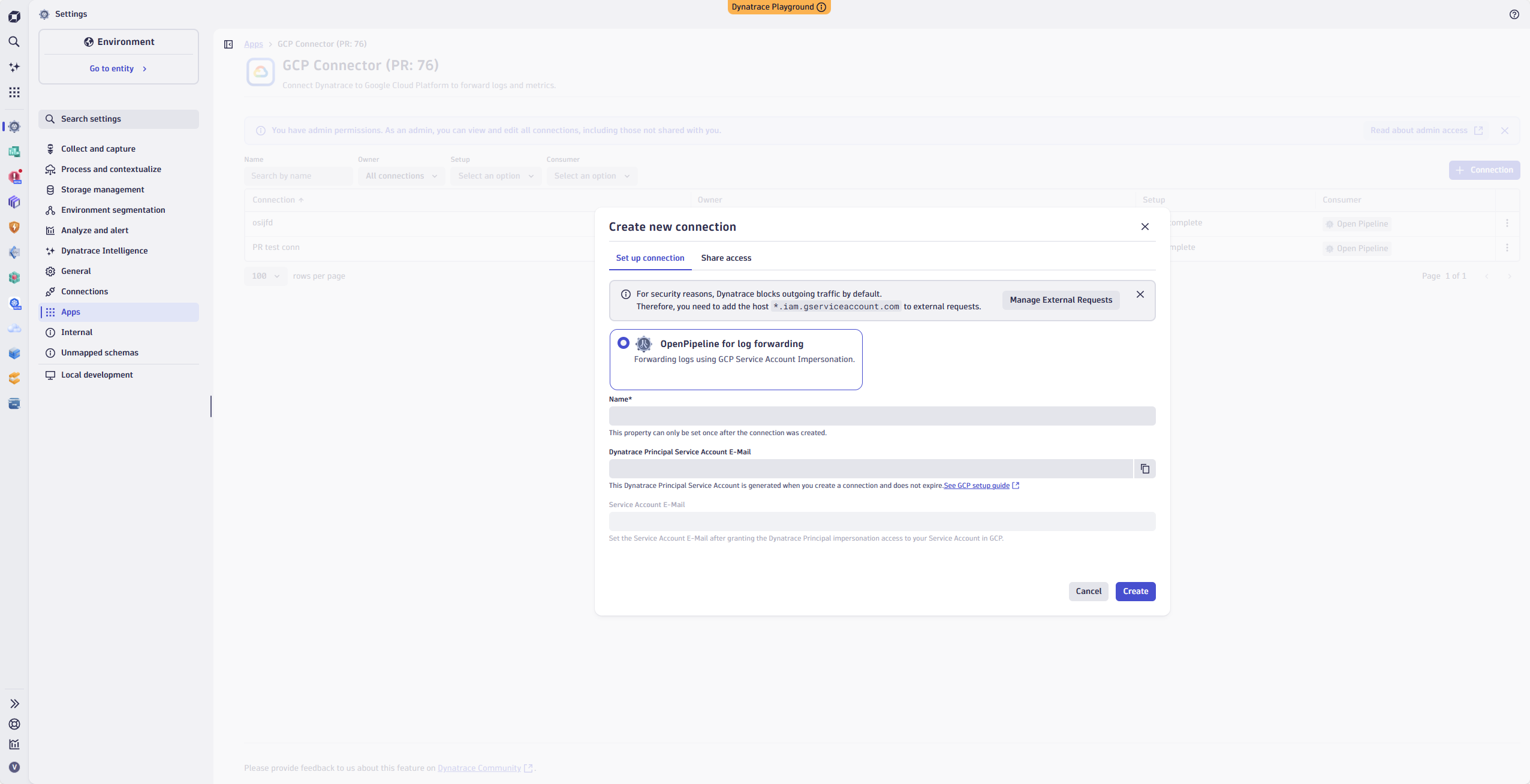 Create a new GCP connection.
