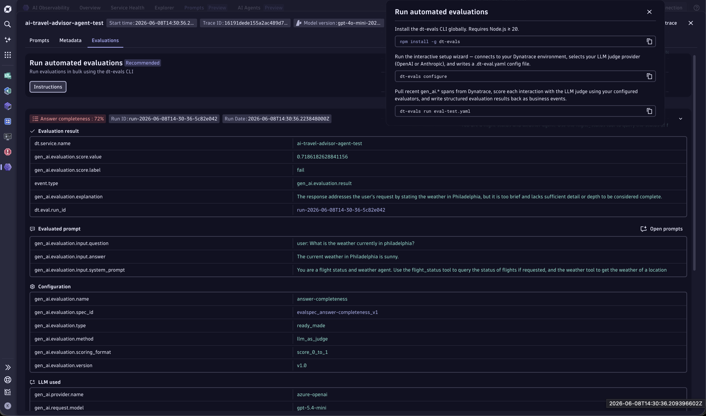 LLM-as-judge evaluation detail with score, pass/fail label, explanation, and gen_ai.evaluation.* attributes.