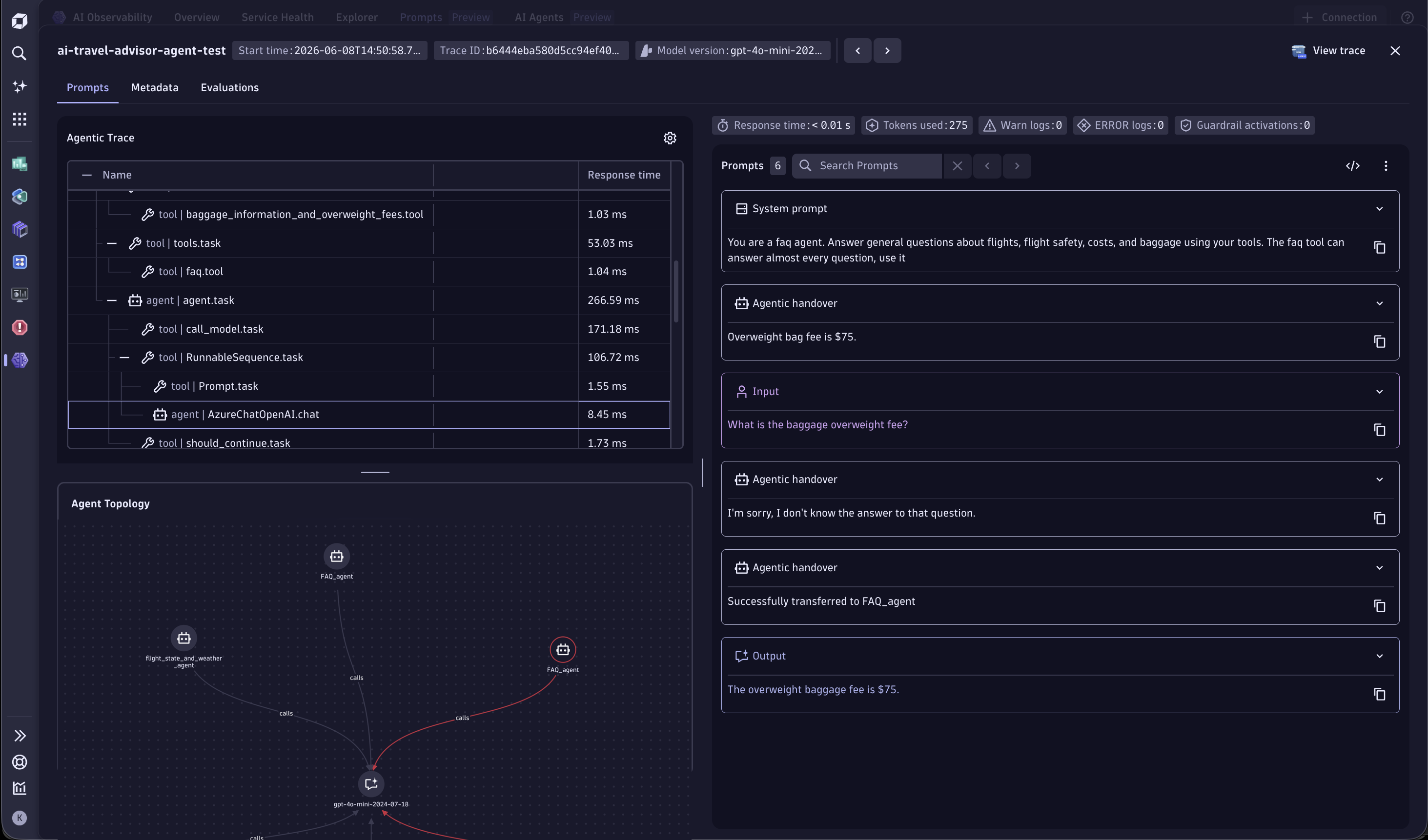 Trace-level debug view showing agentic span hierarchy, tool calls, prompt and response content, and agent topology for a single AI agent run.